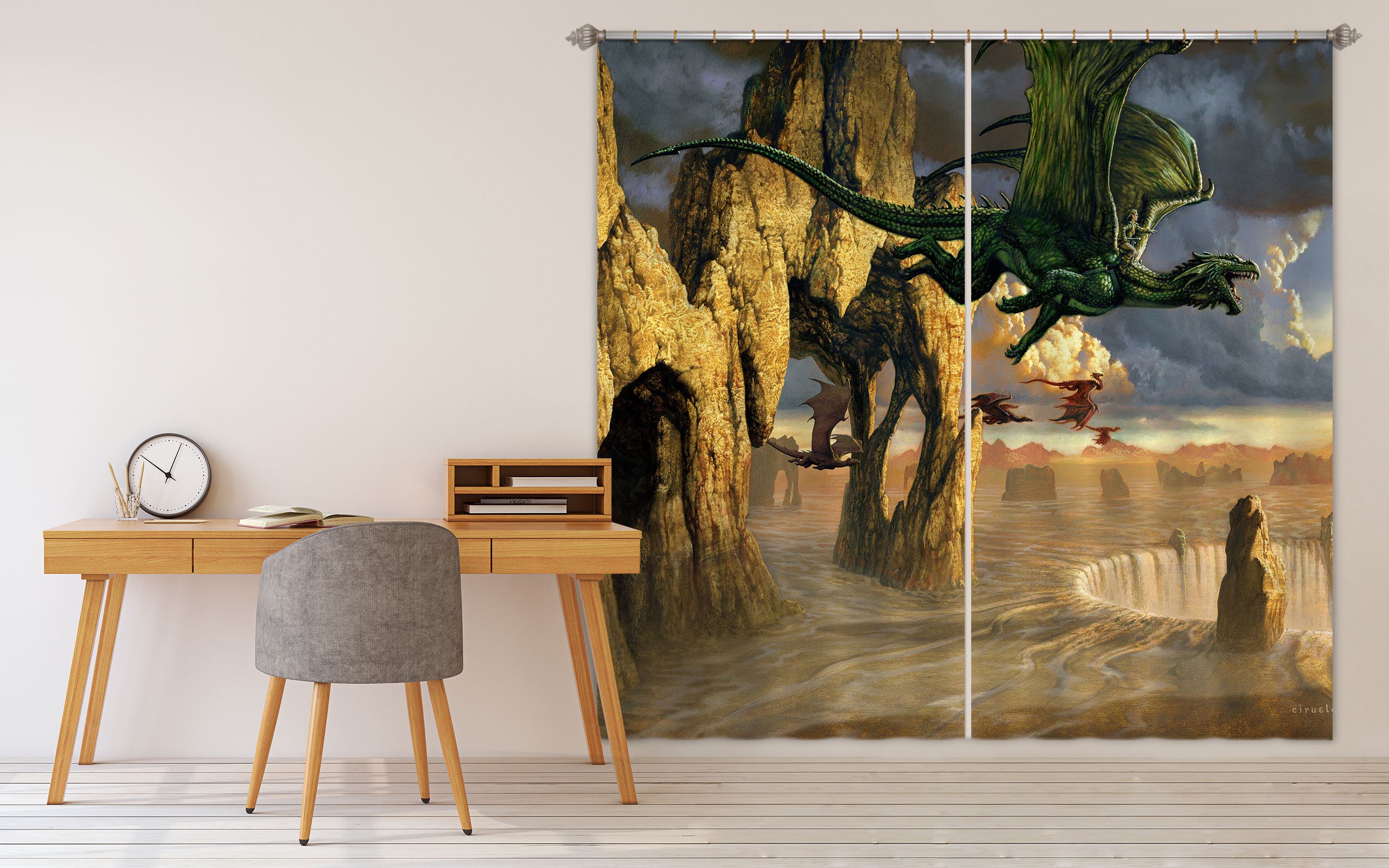 3D Fly Dragon Stone 8010 Ciruelo Curtain Curtains Drapes