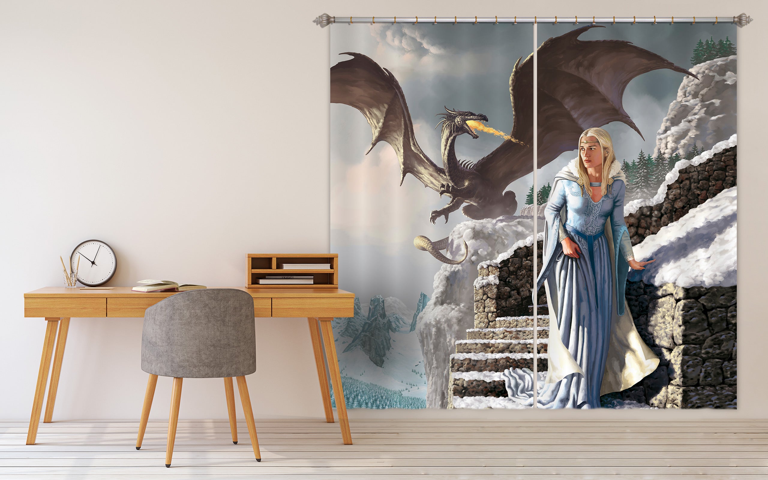 3D Fly Dragon Woman 7197 Ciruelo Curtain Curtains Drapes