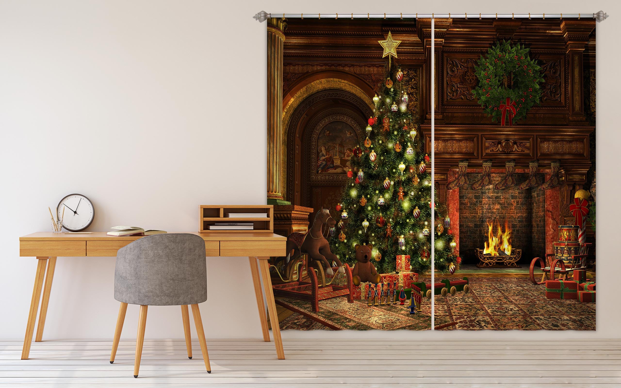3D Fireplace Tree 53064 Christmas Curtains Drapes Xmas