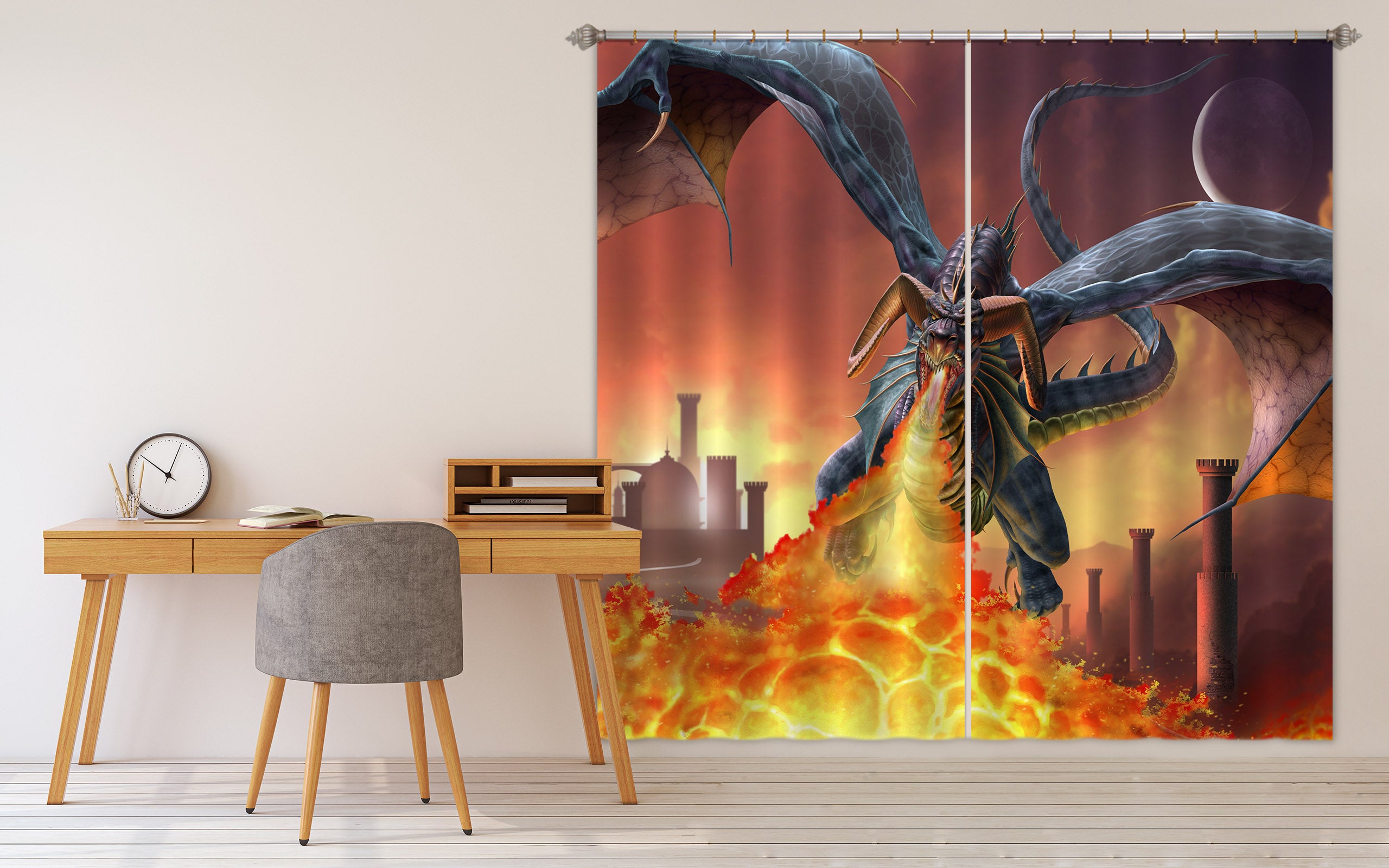 3D Flame Flying Dragon 5071 Tom Wood Curtain Curtains Drapes