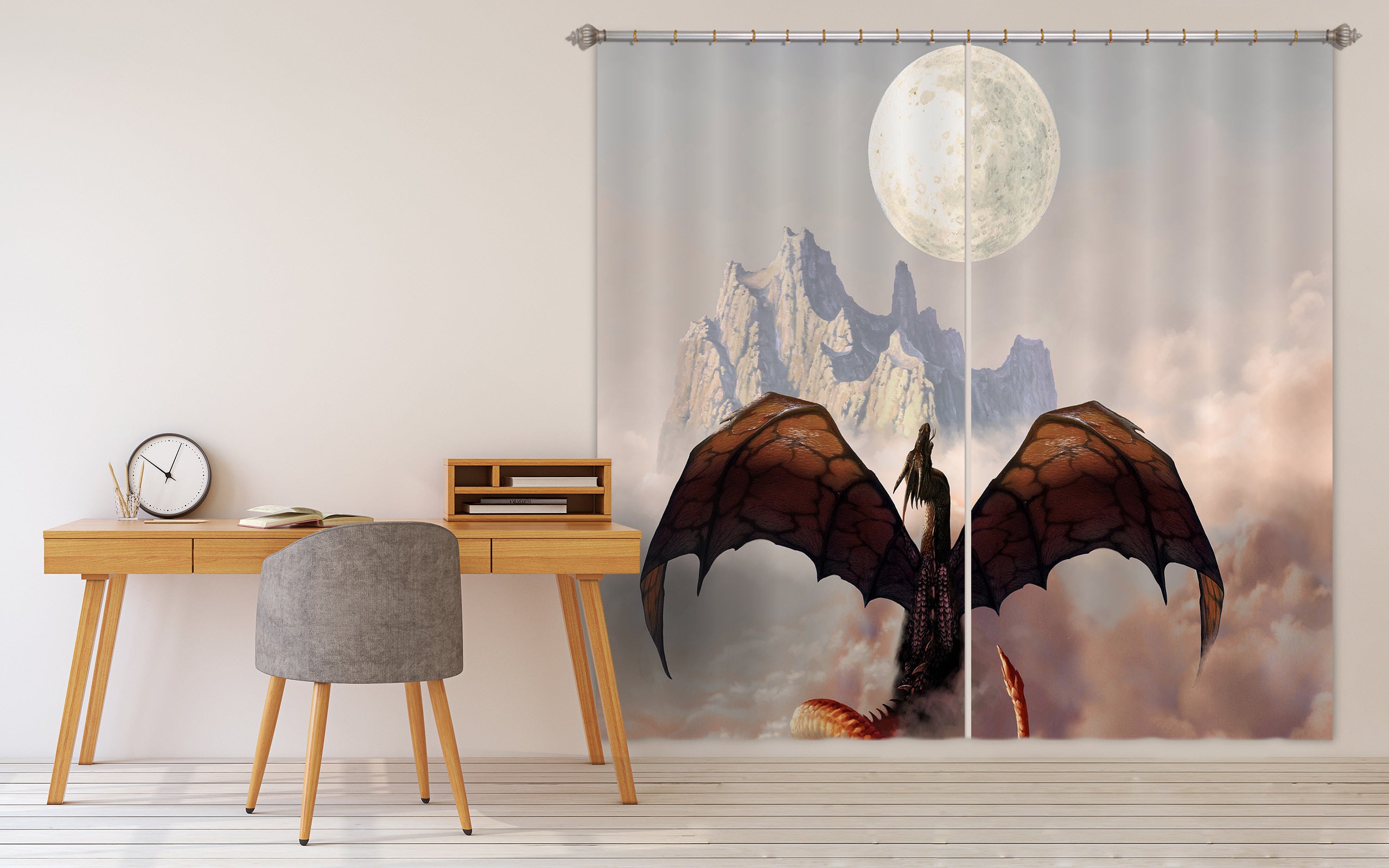 3D Mountain Moon Dragon 7212 Ciruelo Curtain Curtains Drapes
