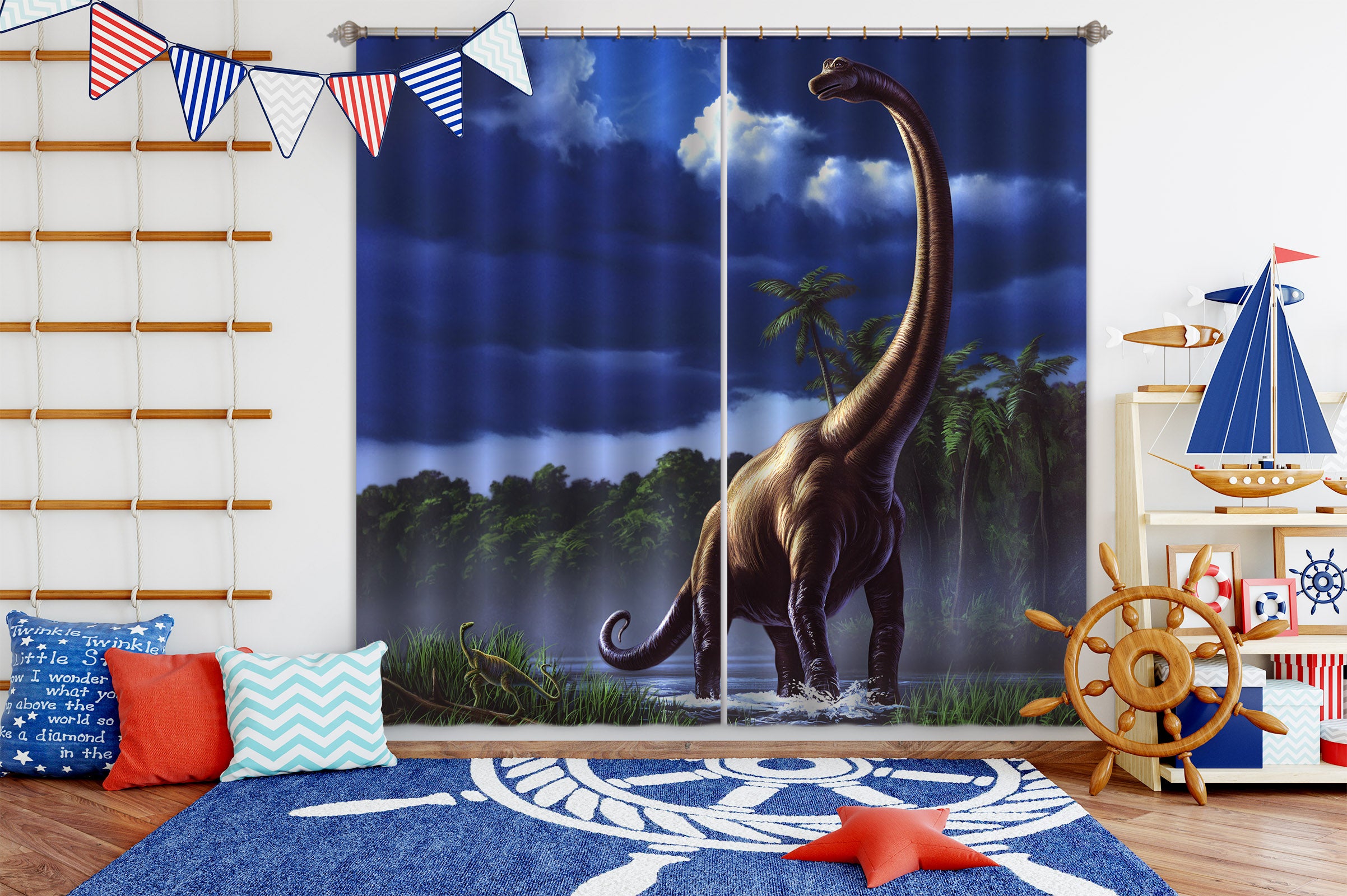 3D Long Necked Dragon 055 Jerry LoFaro Curtain Curtains Drapes