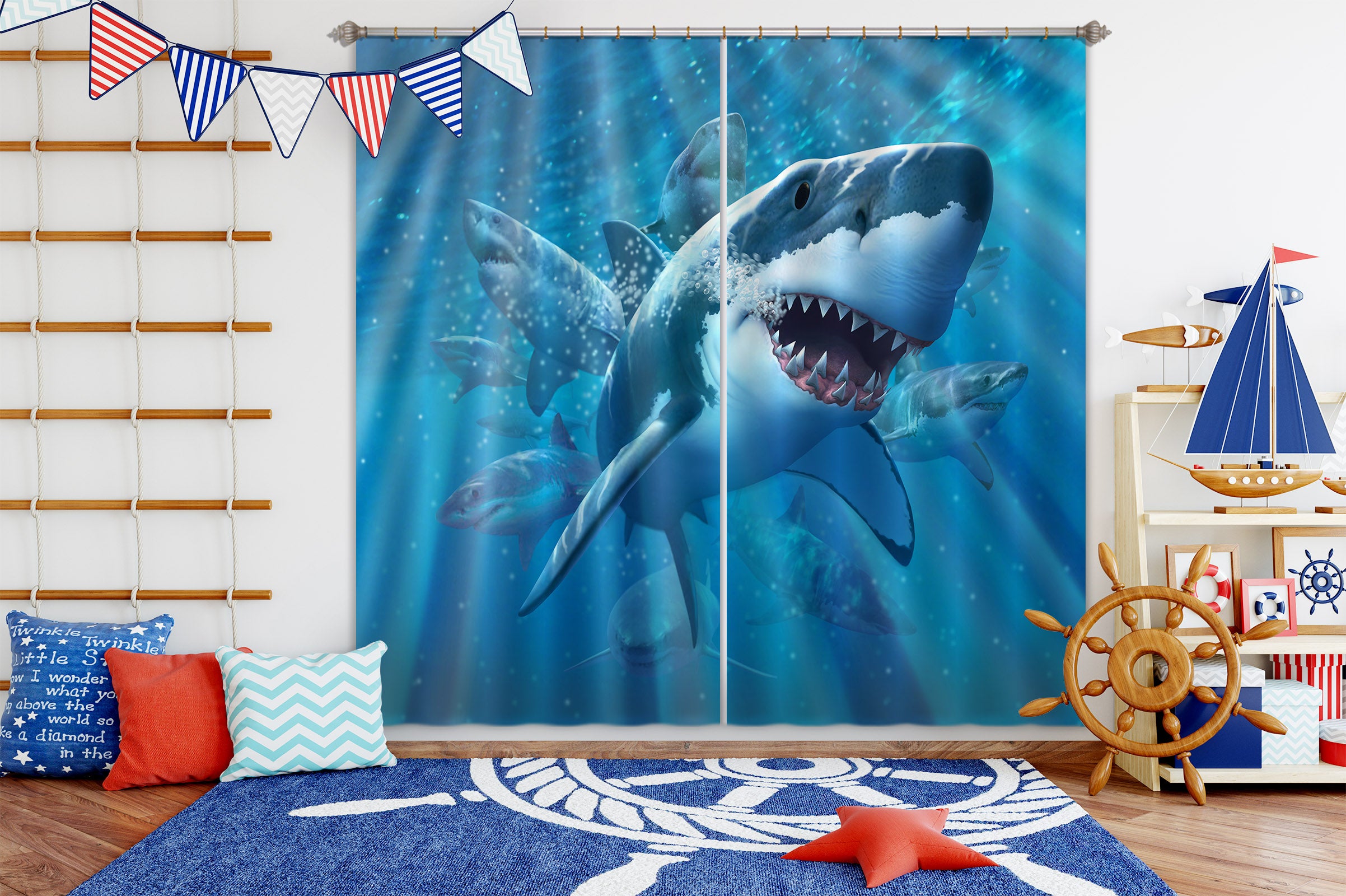3D Great White Shark 066 Jerry LoFaro Curtain Curtains Drapes