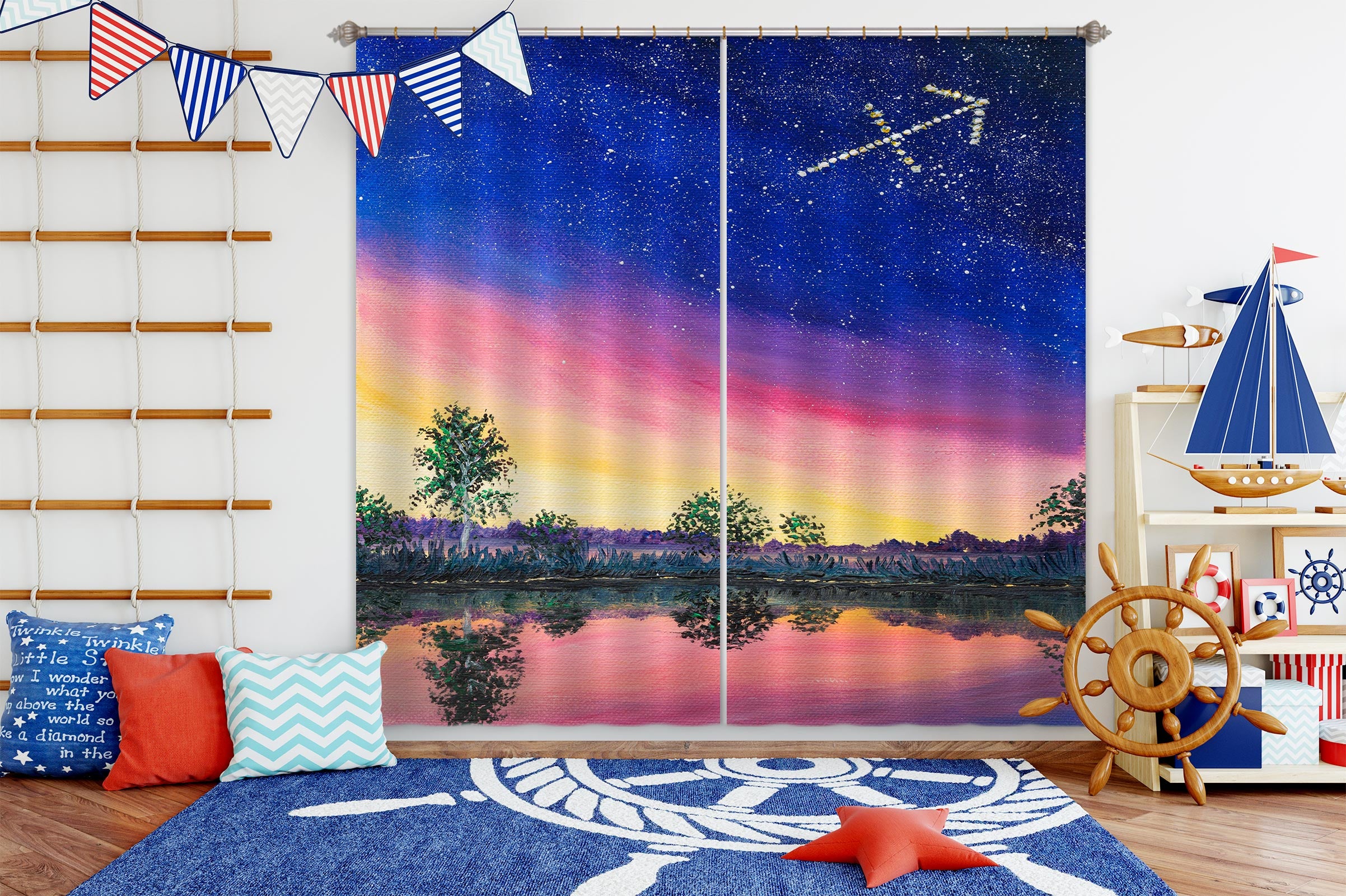 3D Starry Sky Lakeside Tree 1721 Marina Zotova Curtain Curtains Drapes