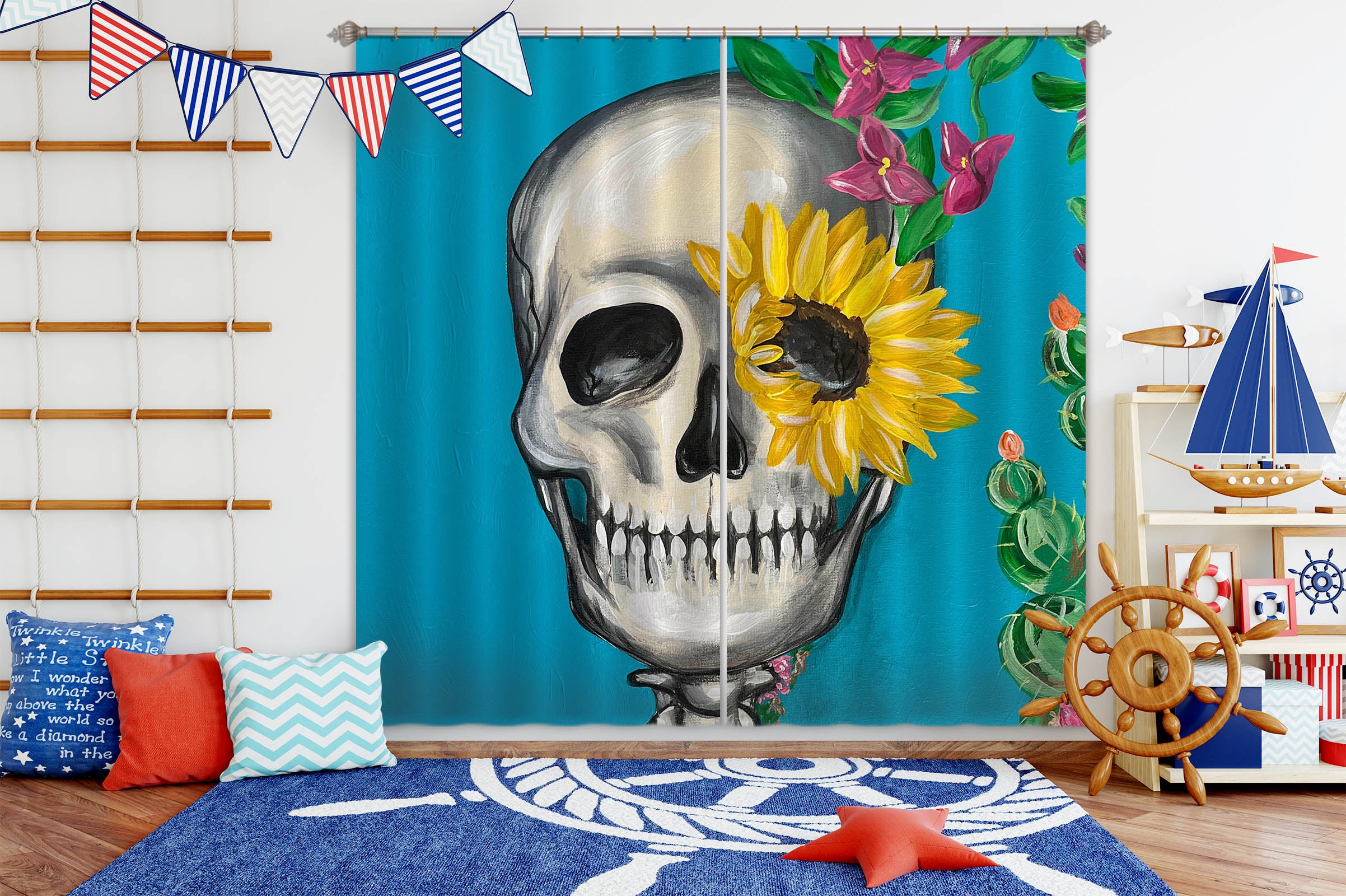 3D Skull Sunflower 393 Jacqueline Reynoso Curtain Curtains Drapes