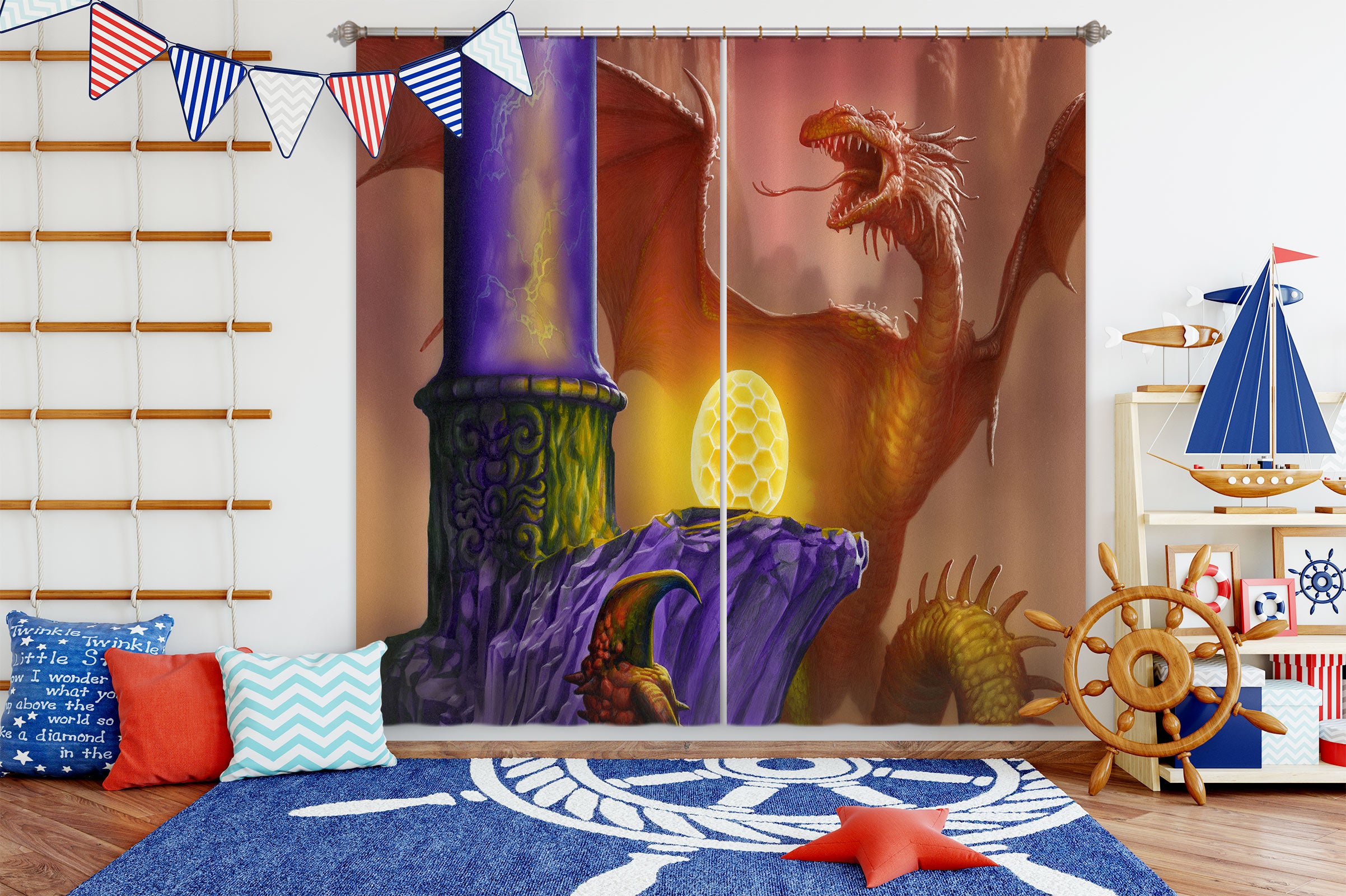 3D Red Dragon Golden Egg 7170 Ciruelo Curtain Curtains Drapes