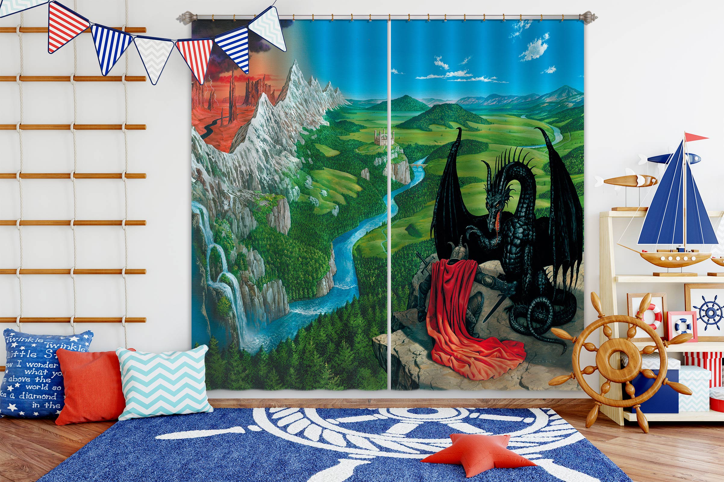 3D River Meadow Dragon 7176 Ciruelo Curtain Curtains Drapes