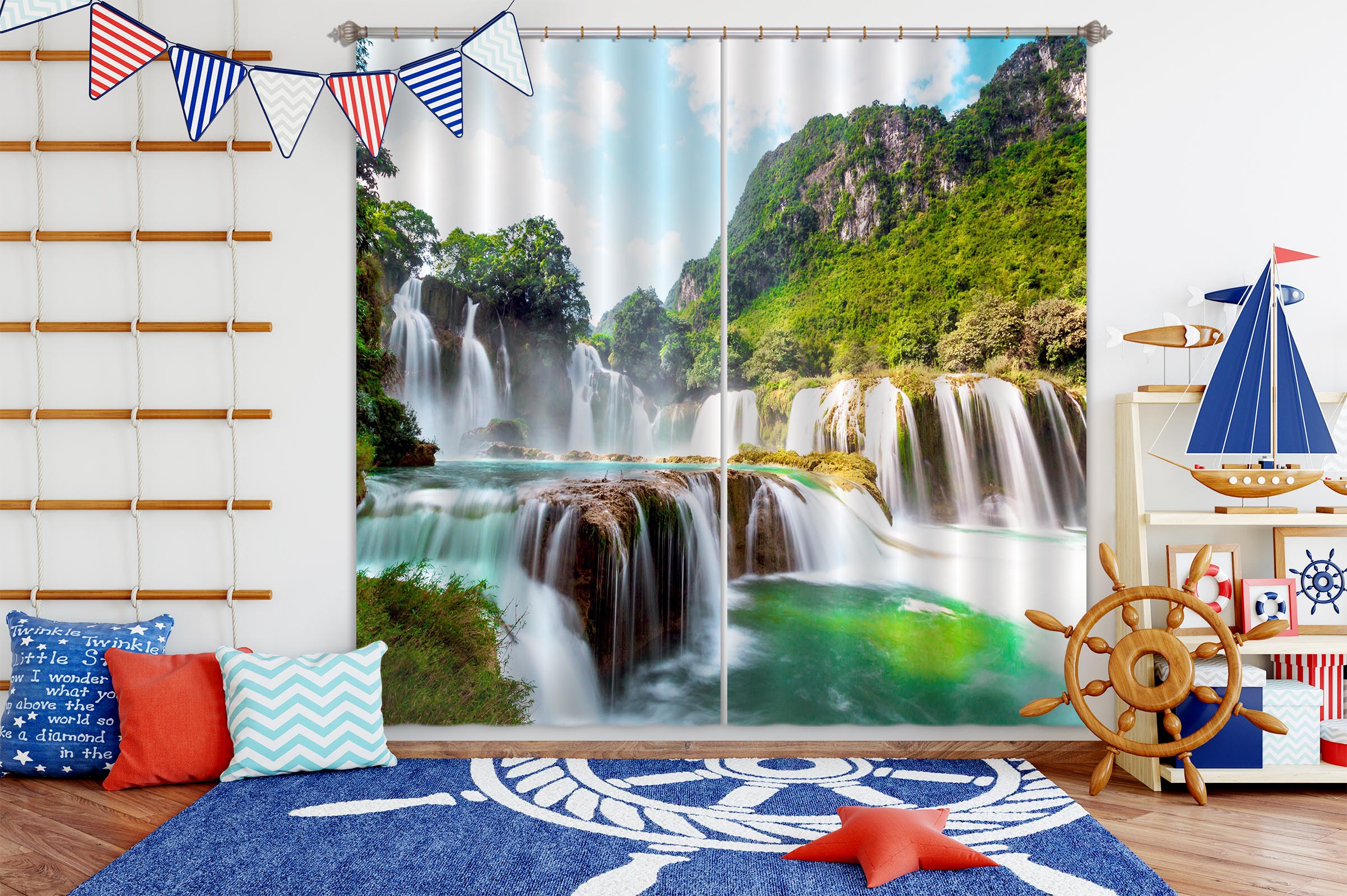 3D Mountain Waterfall 849 Curtains Drapes