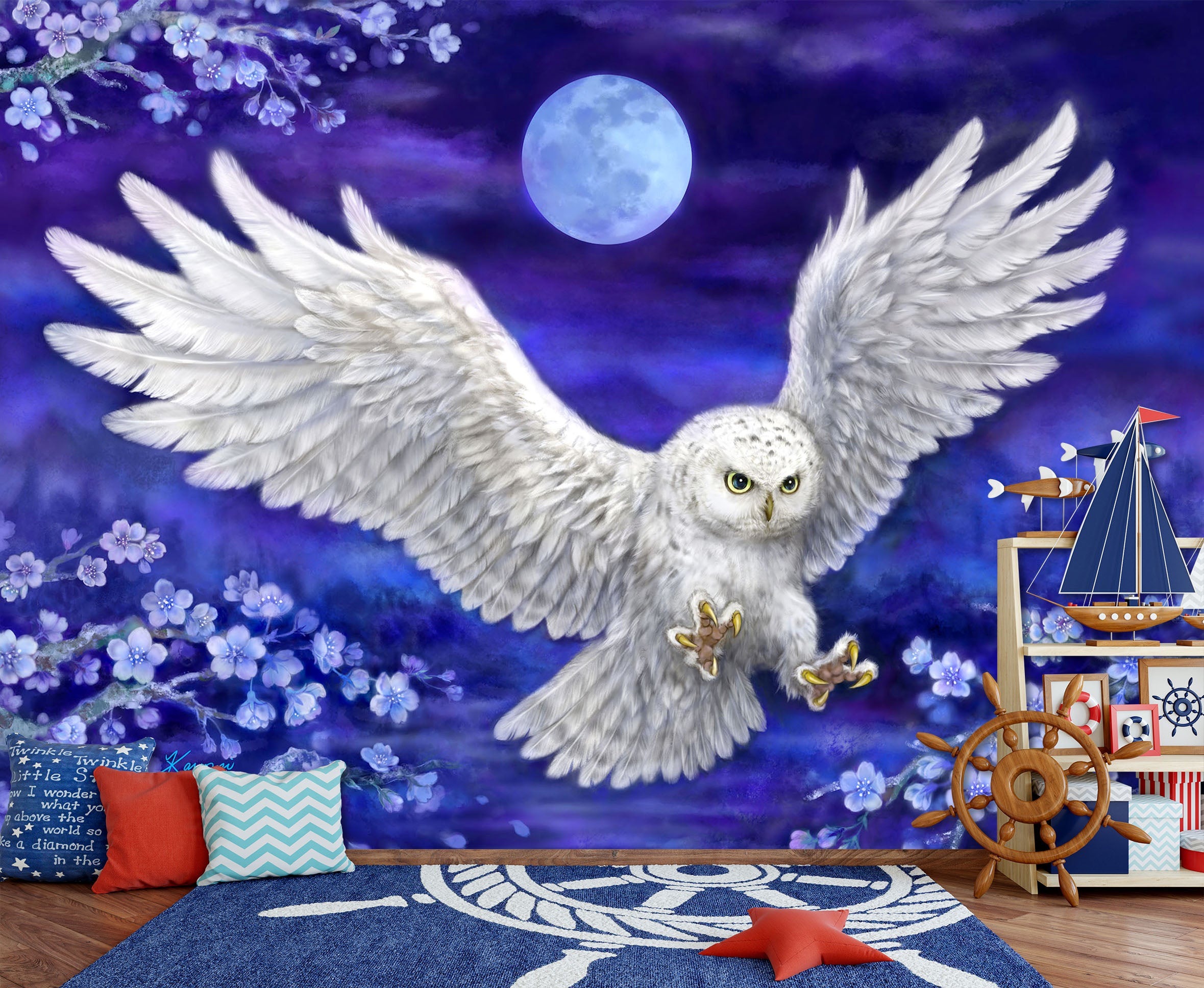 3D White Owl Moon 5451 Kayomi Harai Wall Mural Wall Murals