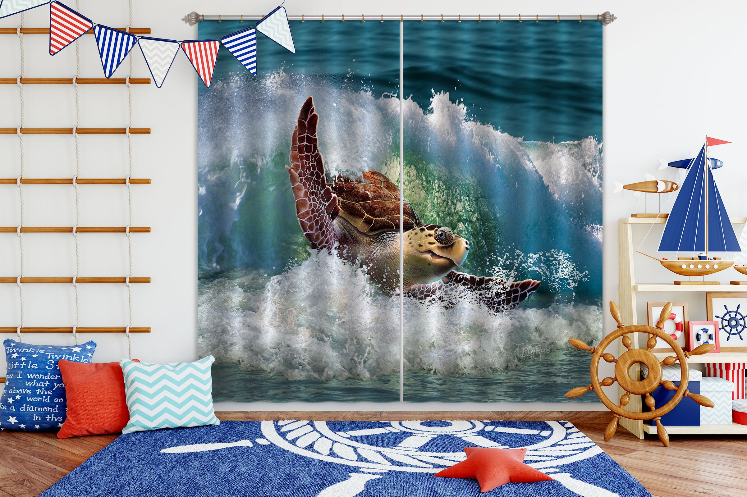 3D Sea Turtle 074 Jerry LoFaro Curtain Curtains Drapes