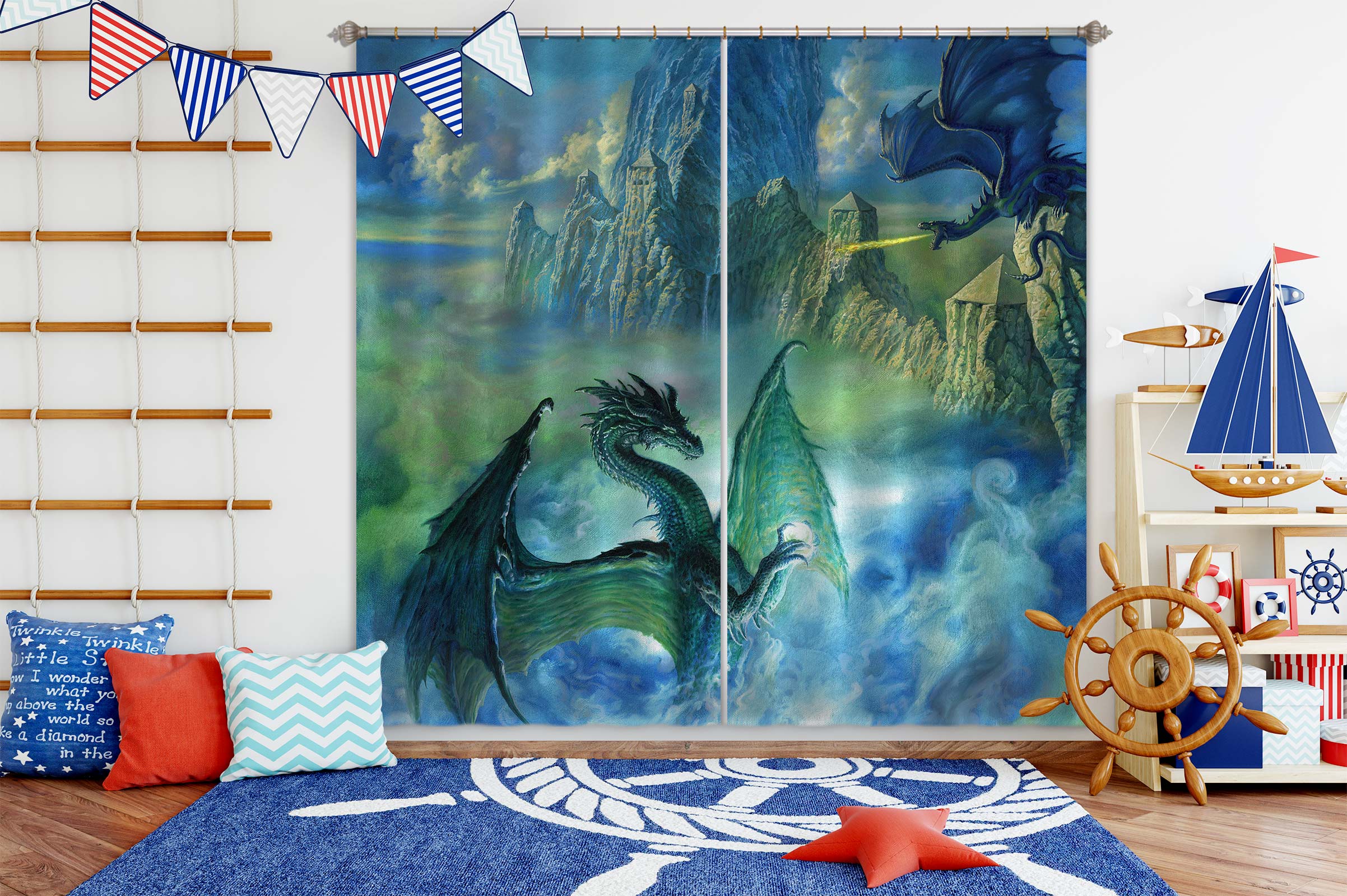 3D Blue Cloudy Mountain Dragon 8019 Ciruelo Curtain Curtains Drapes