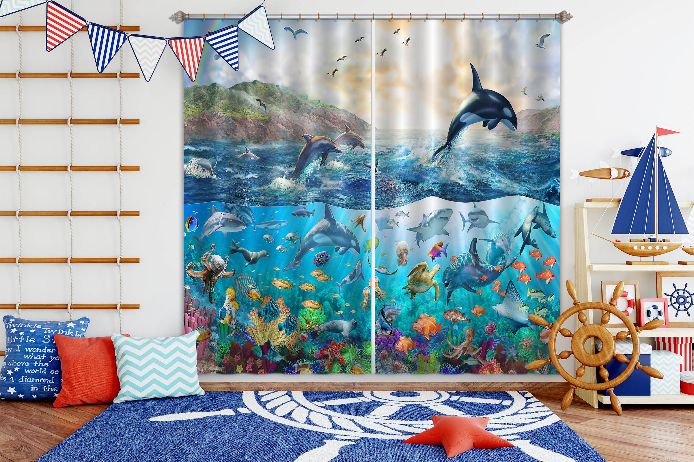 3D Dolphin Jumping 049 Adrian Chesterman Curtain Curtains Drapes