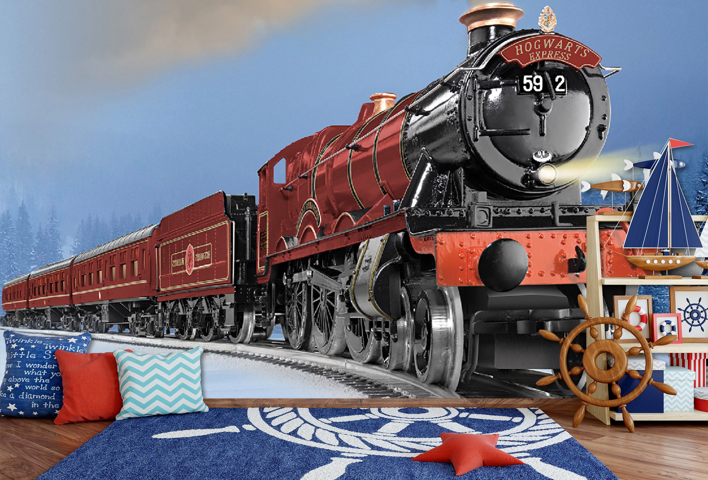 3D Red Train 177 Vehicle Wall Murals