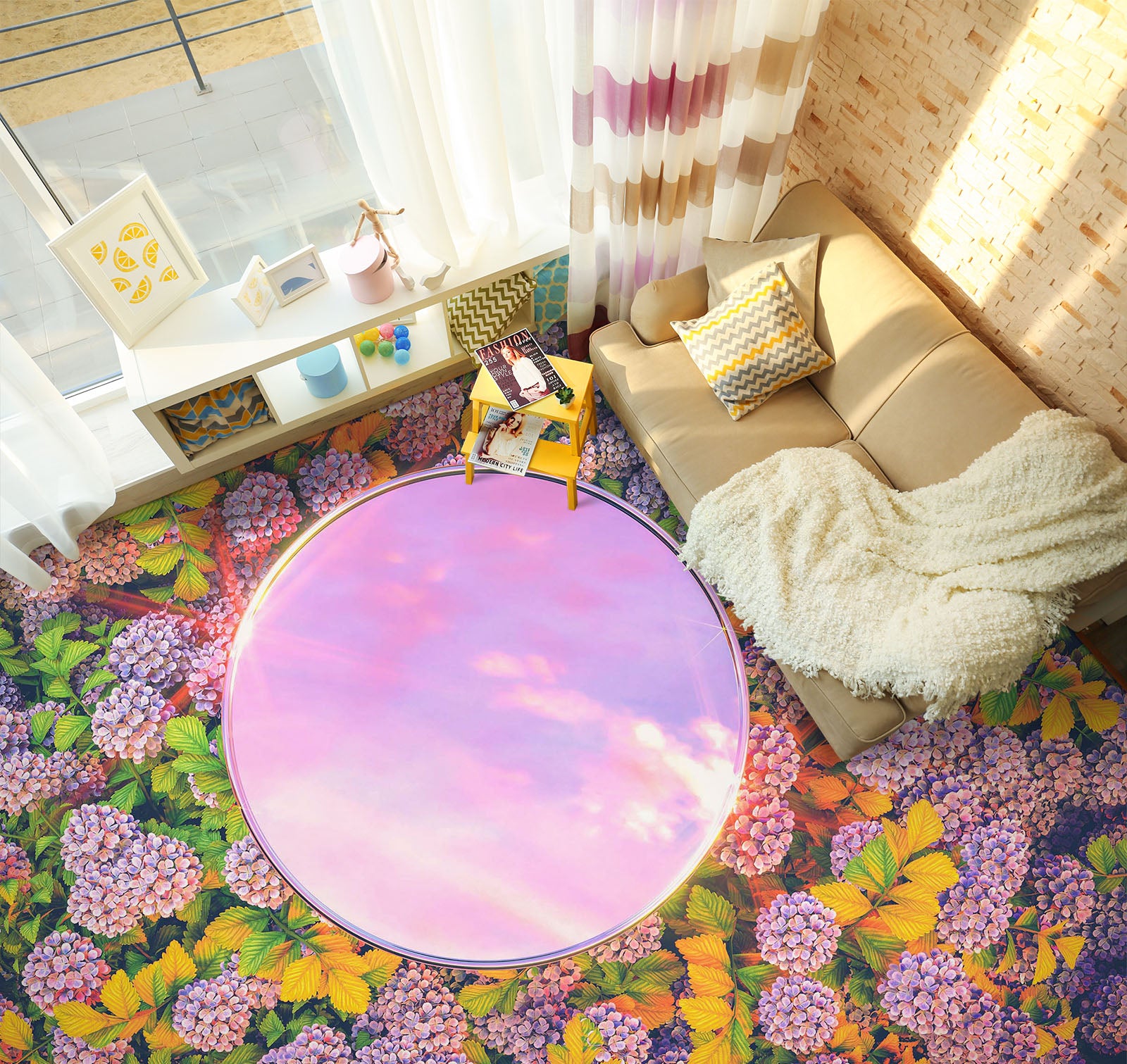 3D Flowers And Pink Sky 853 Floor Mural