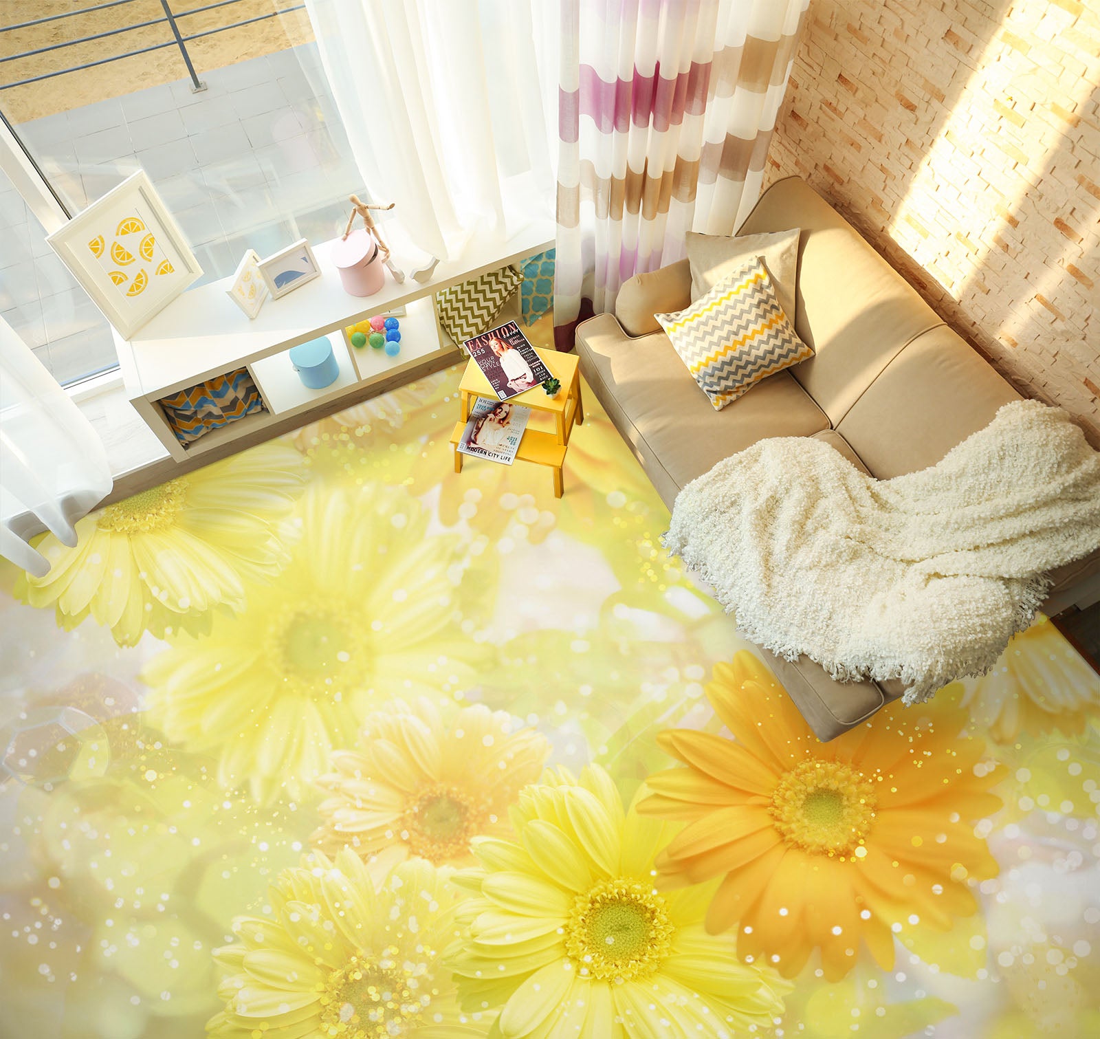 3D Romantic Yellow Flowers 1358 Floor Mural  Wallpaper Murals Self-Adhesive Removable Print Epoxy