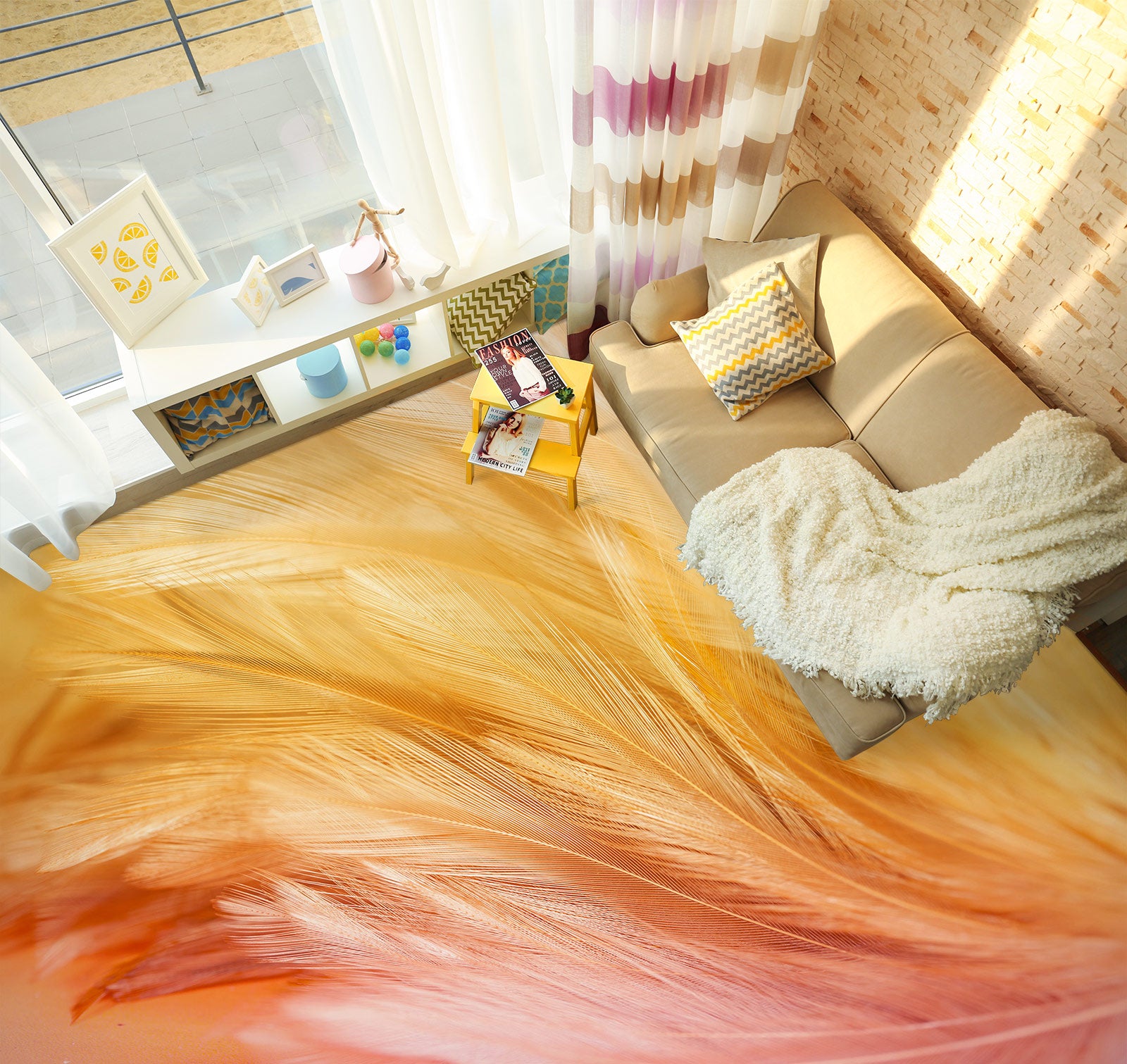 3D Warm Yellow Feathers 1140 Floor Mural  Wallpaper Murals Self-Adhesive Removable Print Epoxy