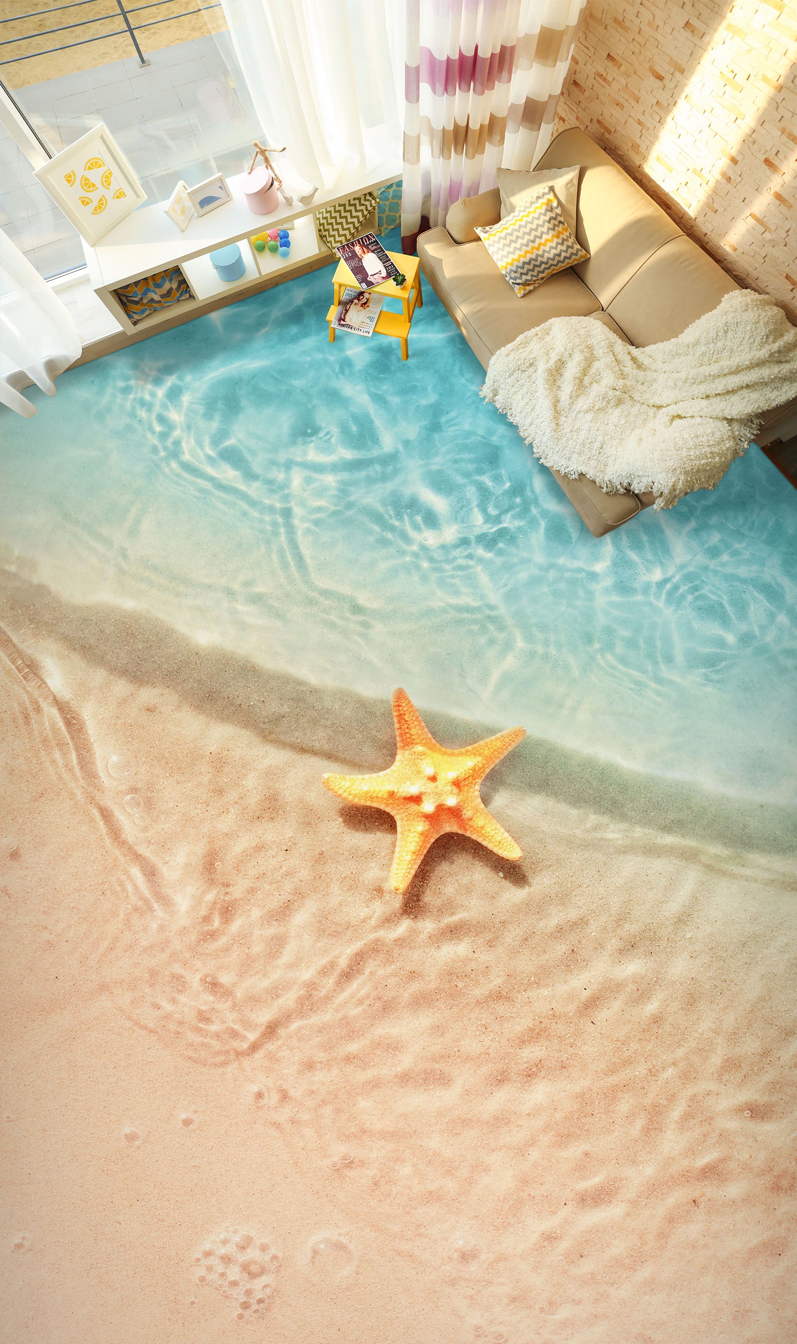3D Cute Yellow Starfish 203 Floor Mural  Wallpaper Murals Rug & Mat Print Epoxy waterproof bath floor