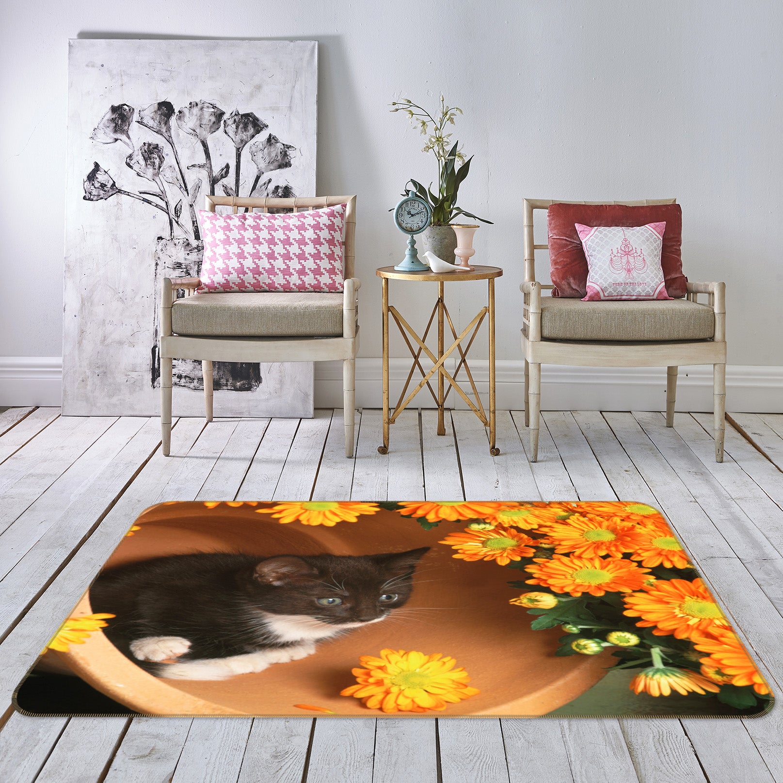 3D Chrysanthemum Kitten 108 Animal Non Slip Rug Mat