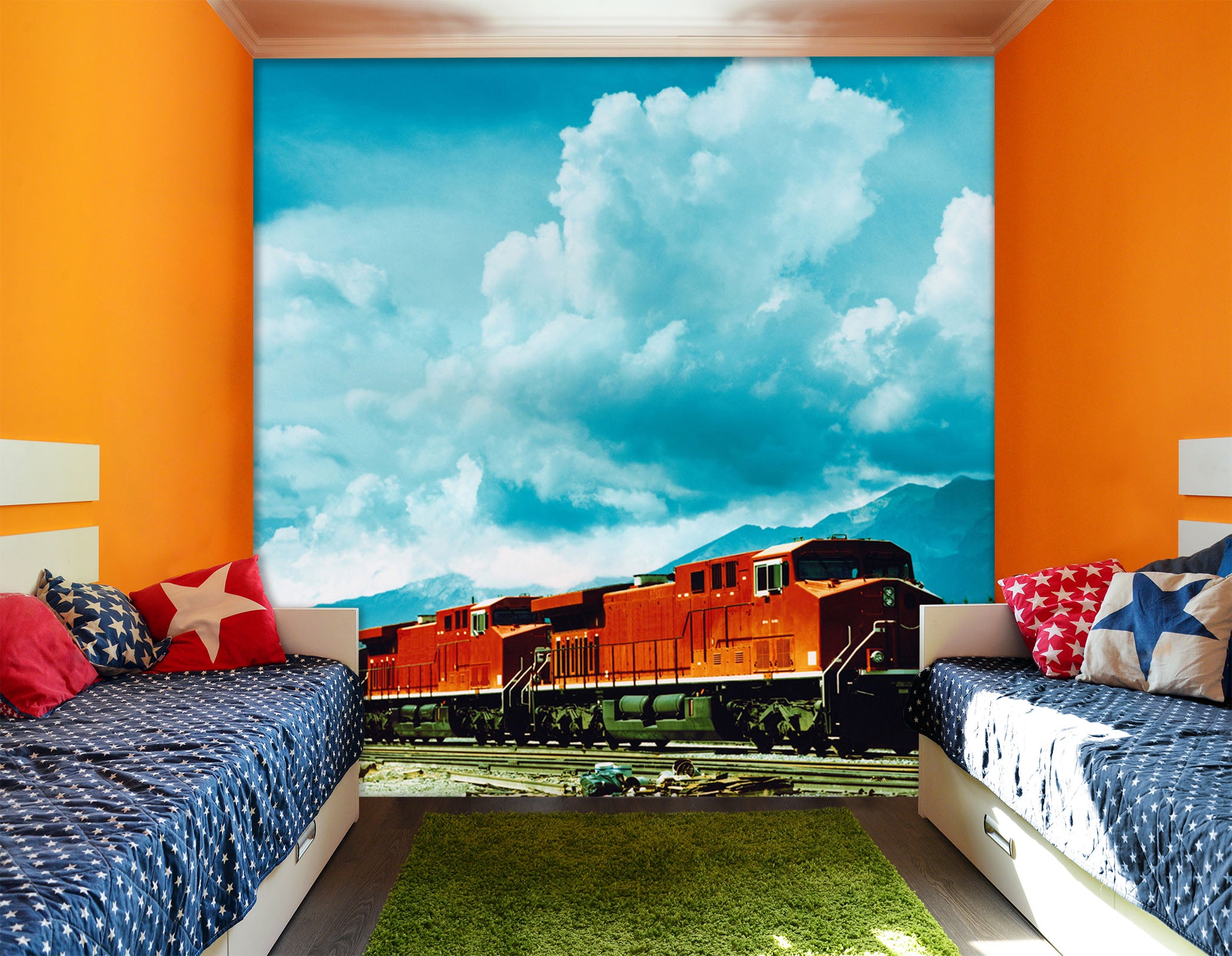 3D White Clouds Train 086 Vehicle Wall Murals