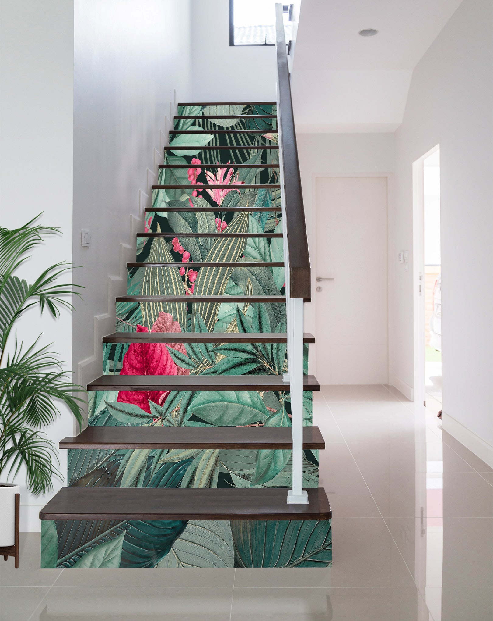 3D Green Pink Leaves 10449 Andrea Haase Stair Risers