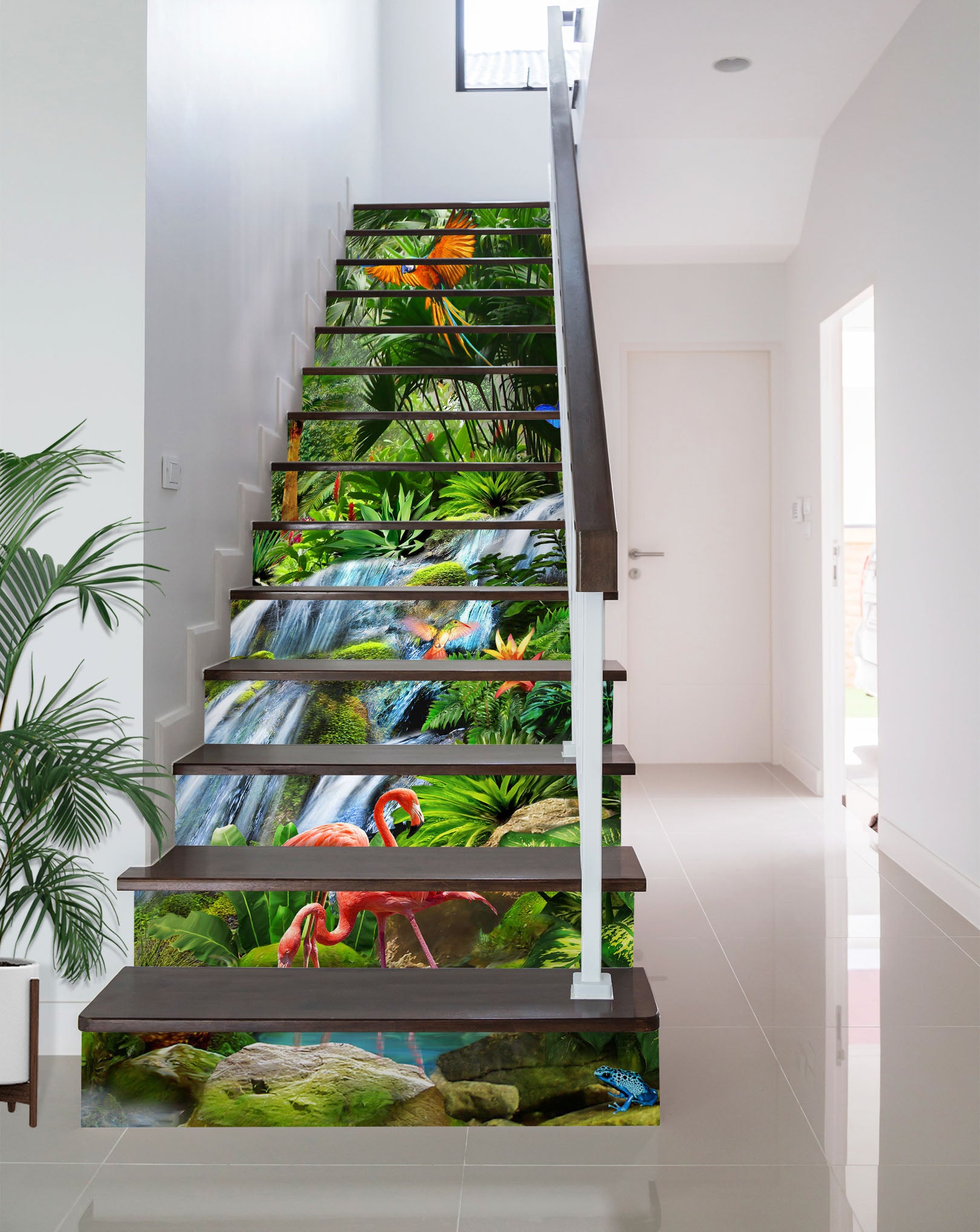 3D Jungle Waterfall Flamingo 96202 Adrian Chesterman Stair Risers