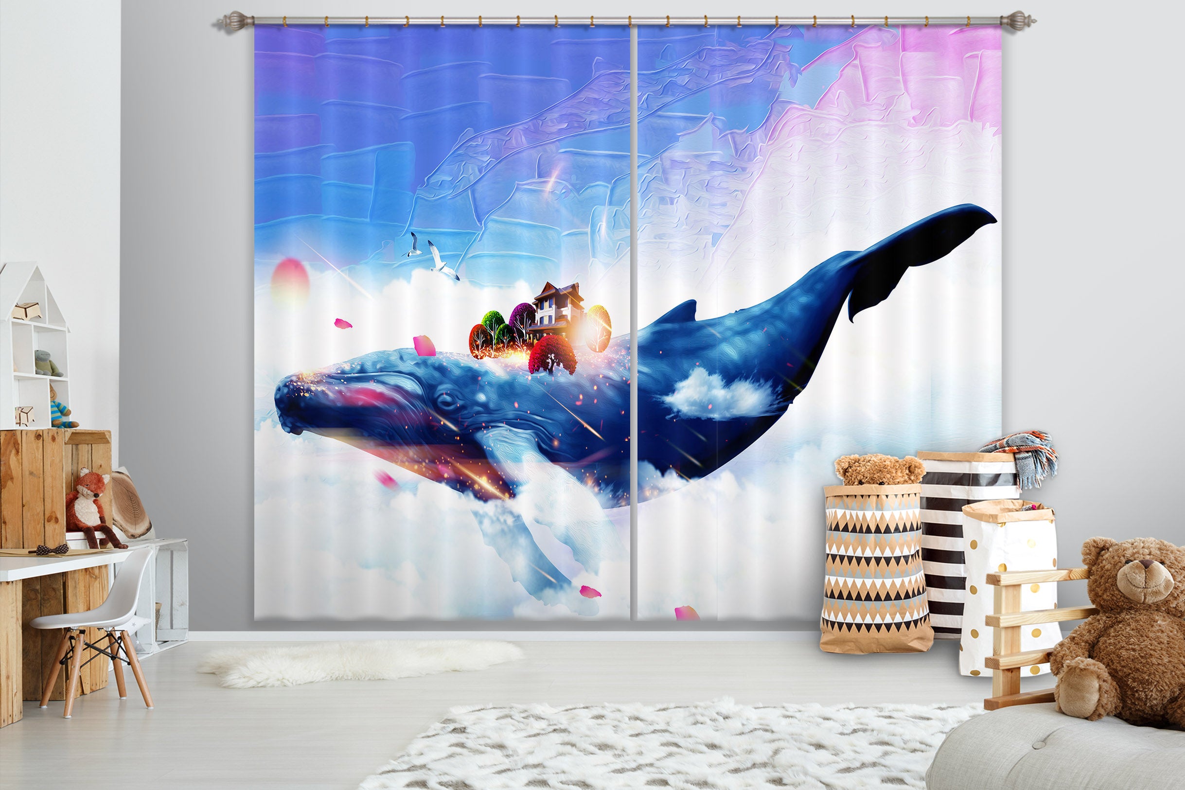 3D Blue Whale 729 Curtains Drapes