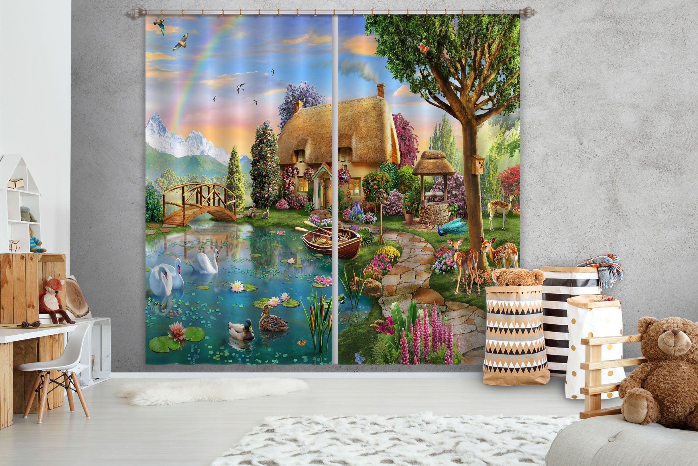 3D Painted Village 066 Adrian Chesterman Curtain Curtains Drapes