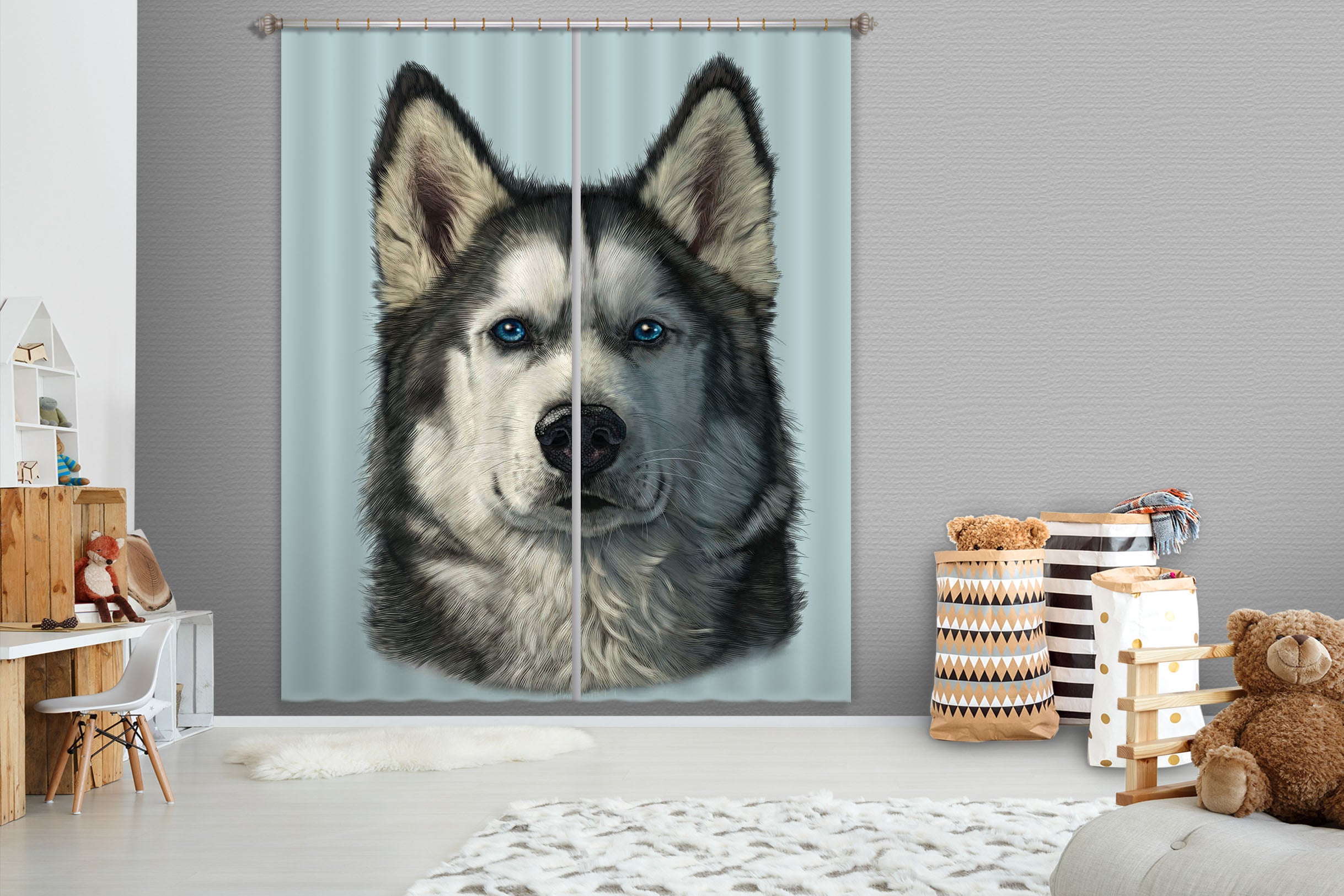3D Husky Portrait 044 Vincent Hie Curtain Curtains Drapes