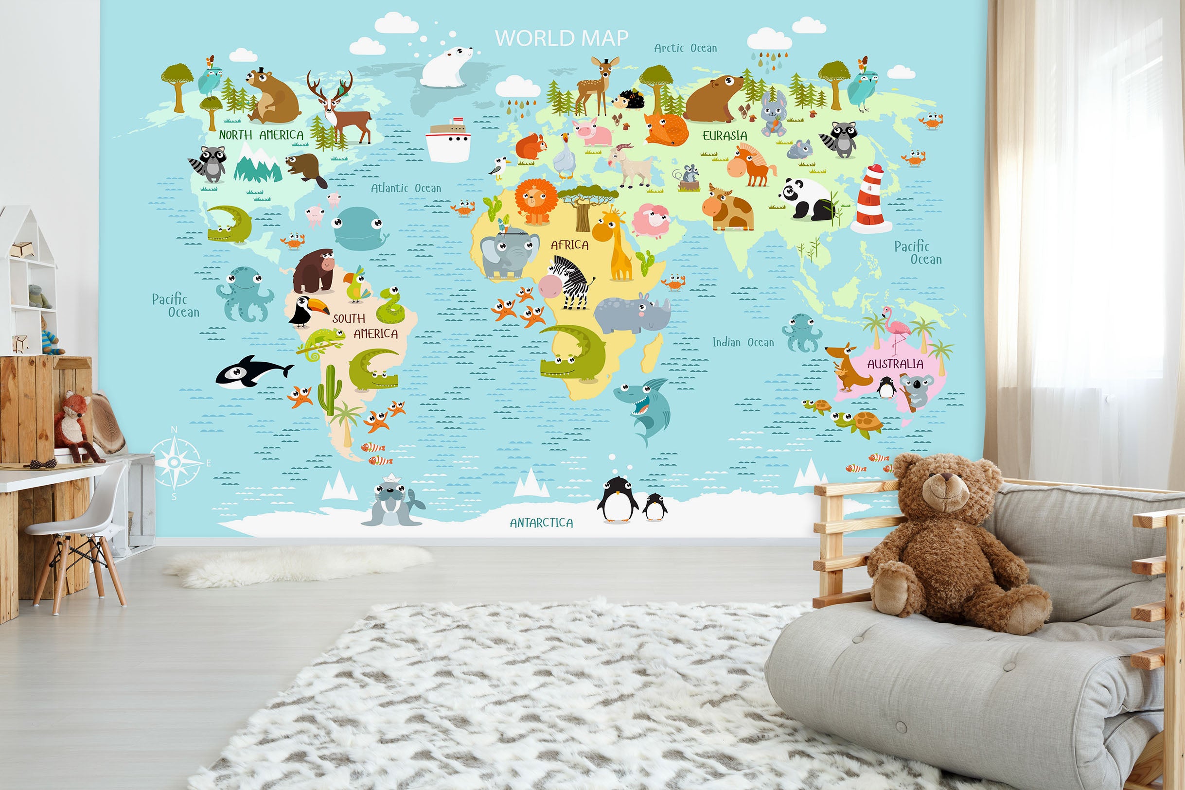 3D Animal Friend 2145 World Map Wall Murals
