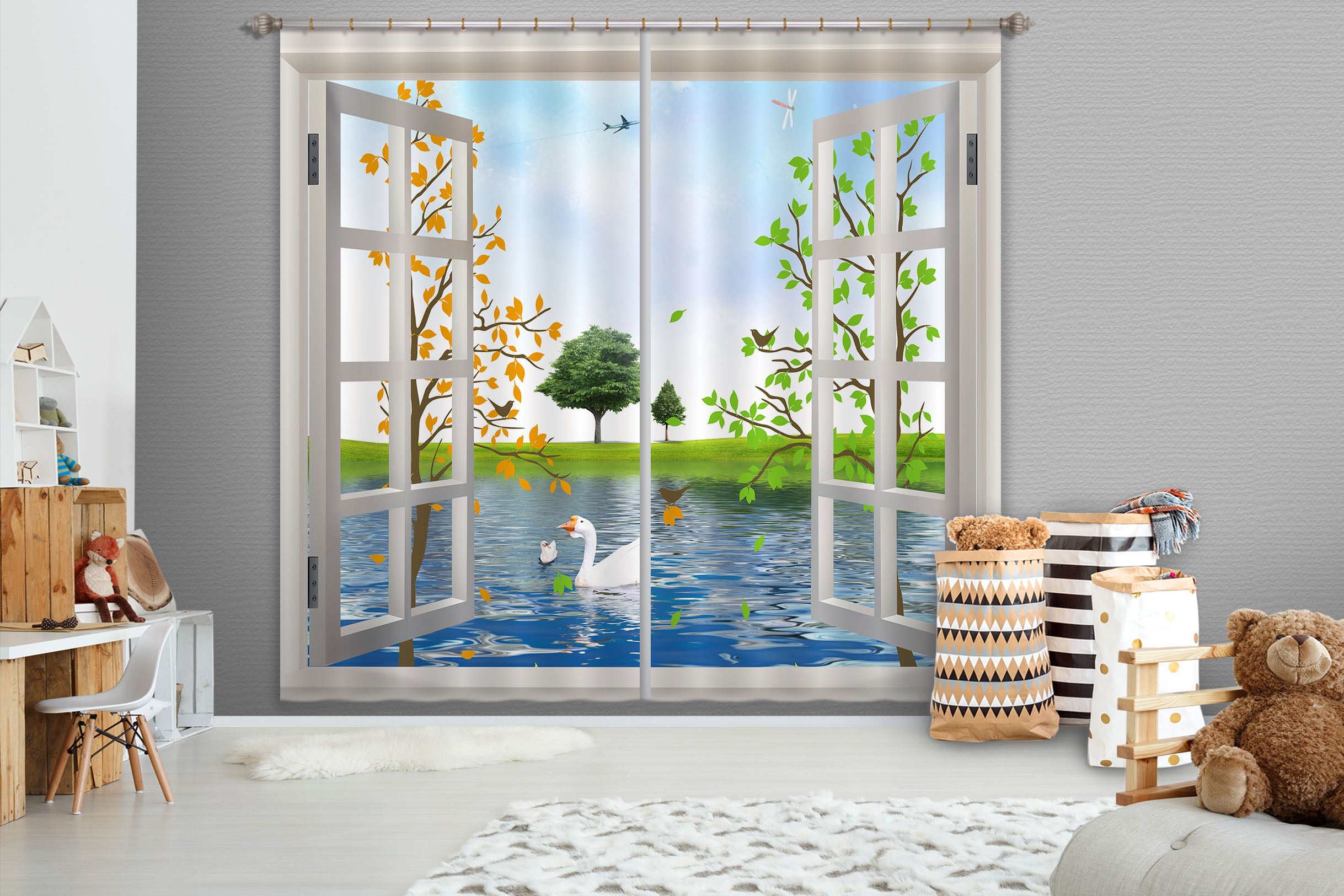 3D Swan Meadow 113 Curtains Drapes