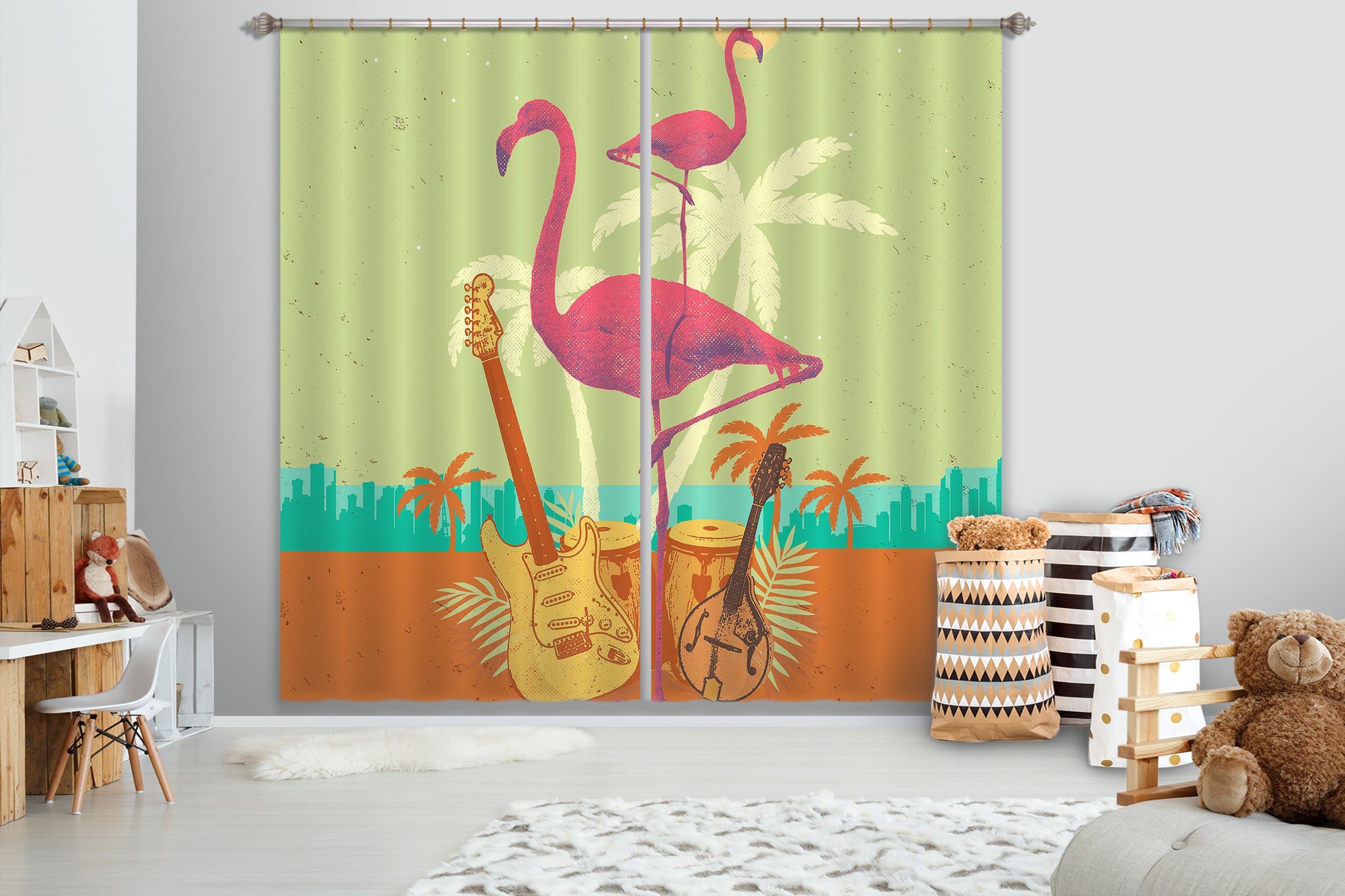 3D Flamingo Flock 057 Showdeer Curtain Curtains Drapes