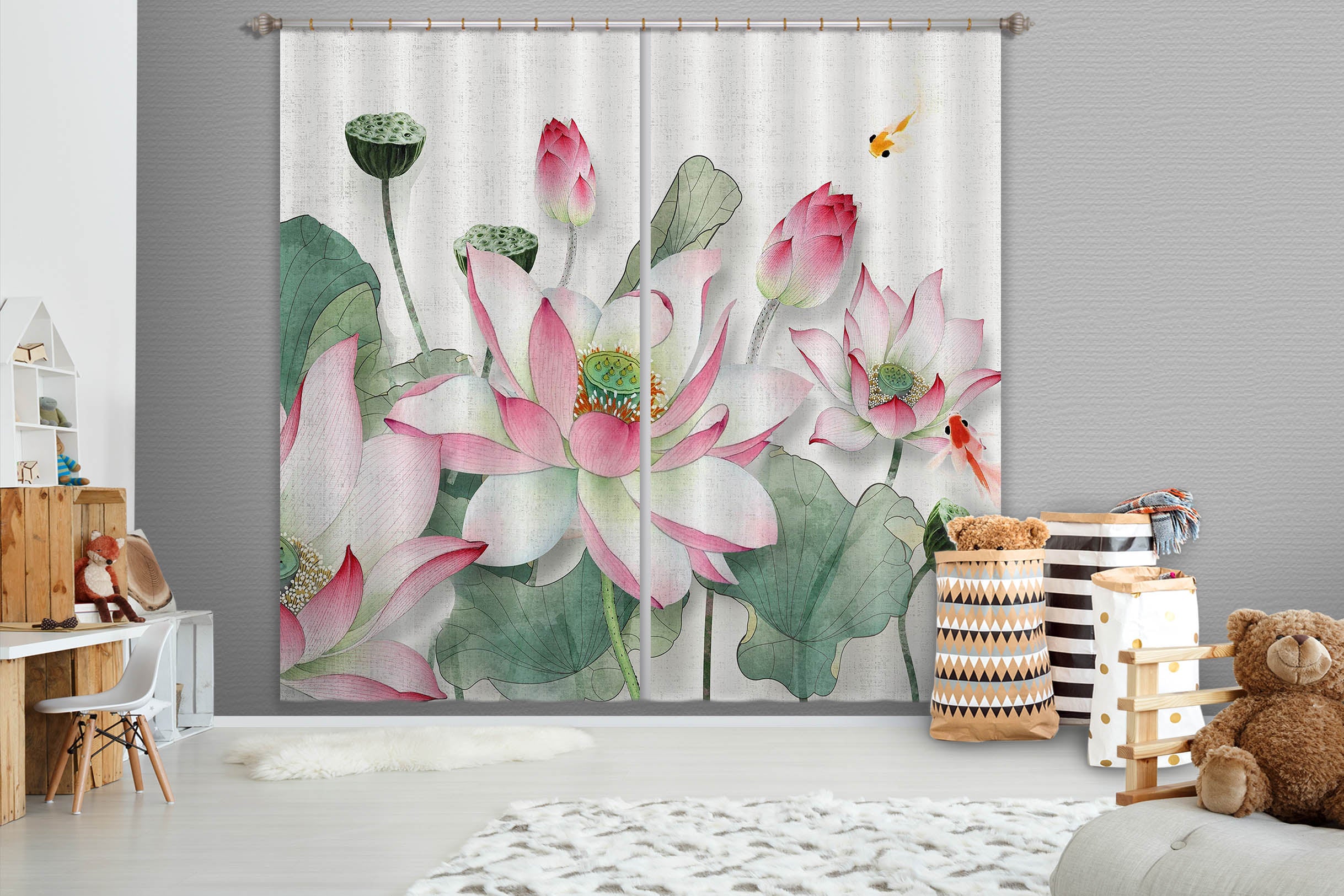 3D Lotus Flower 854 Curtains Drapes