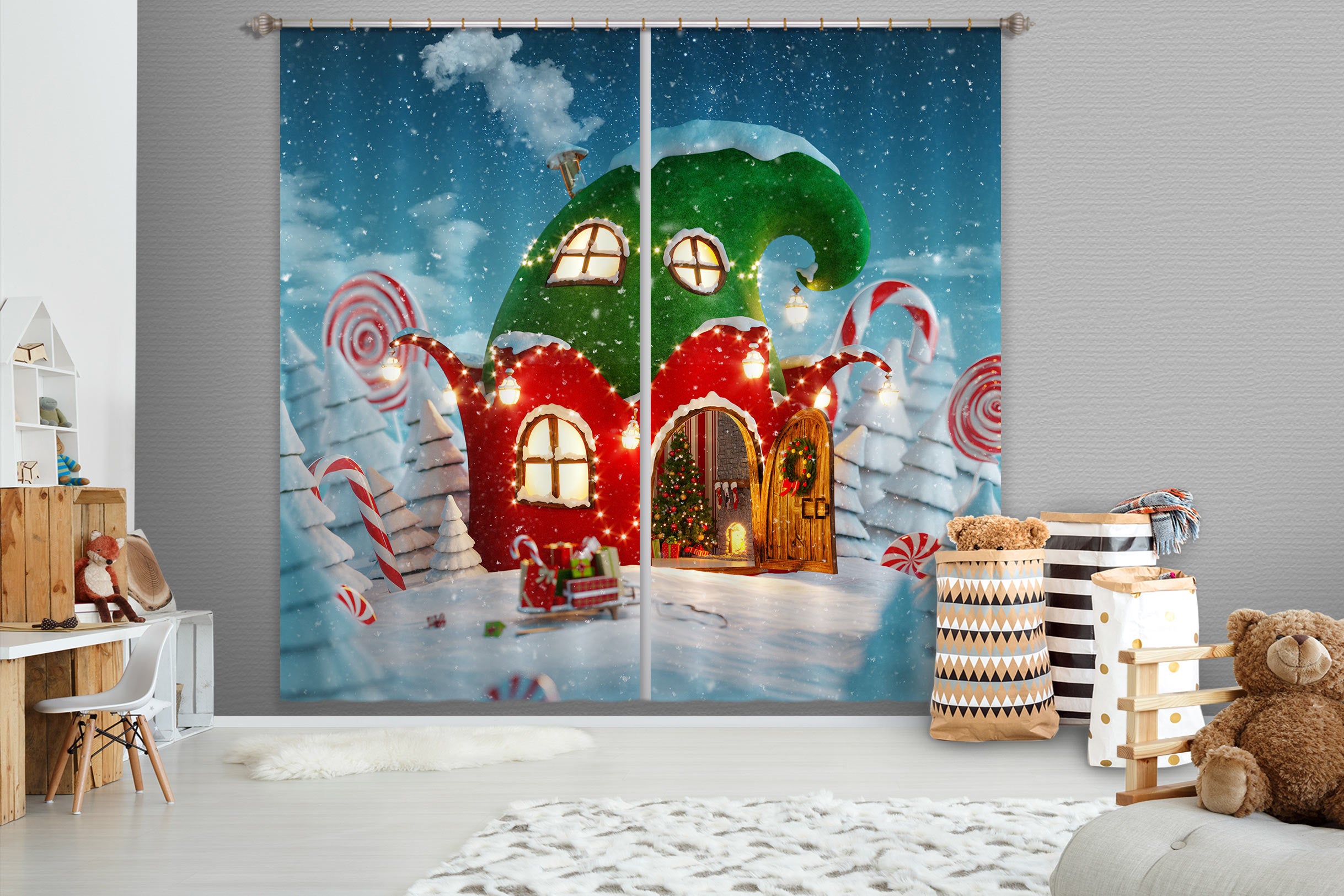 3D Red Green Cottage 53101 Christmas Curtains Drapes Xmas
