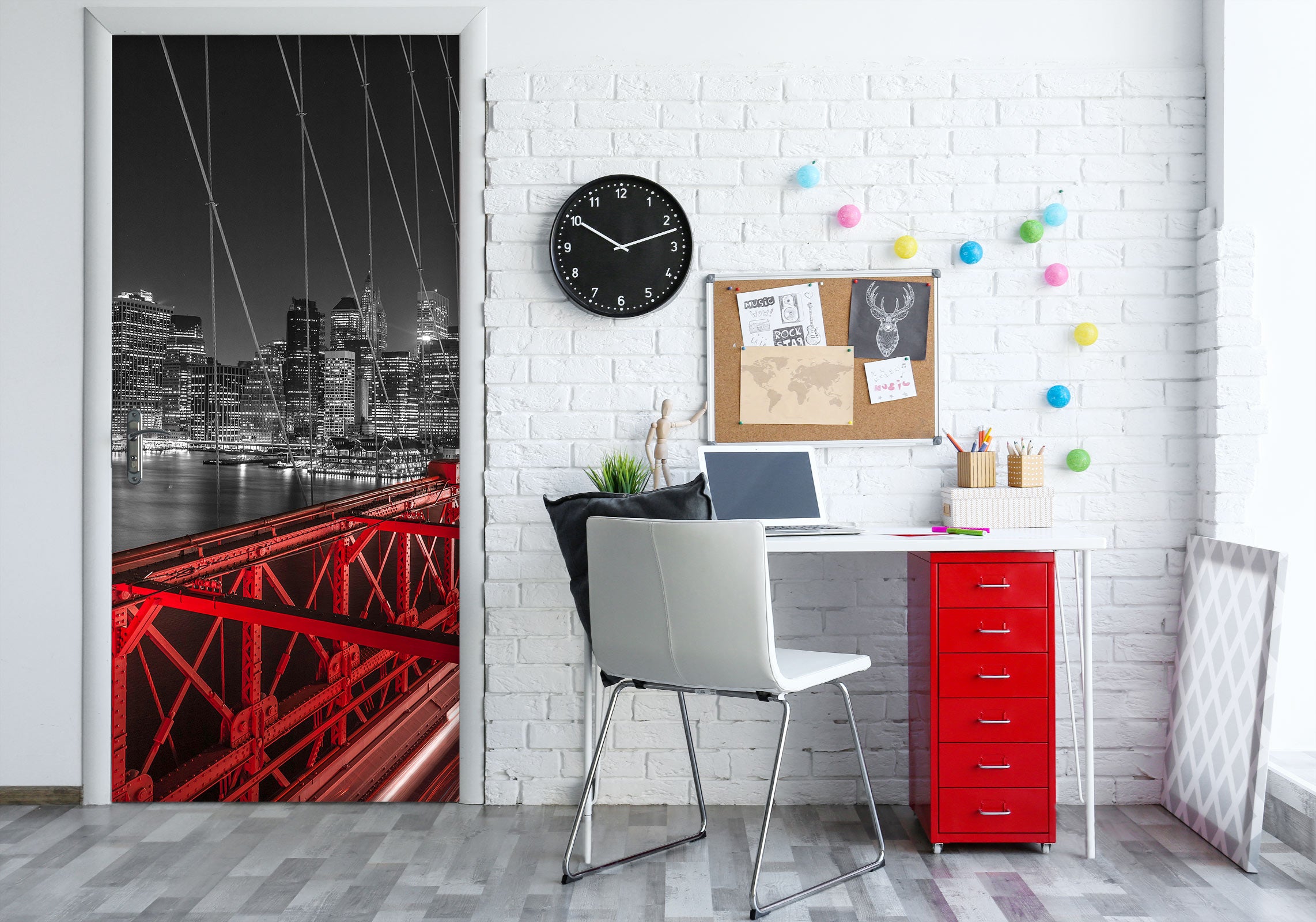 3D Red Light Bridge Grey Building 10708 Assaf Frank Door Mural