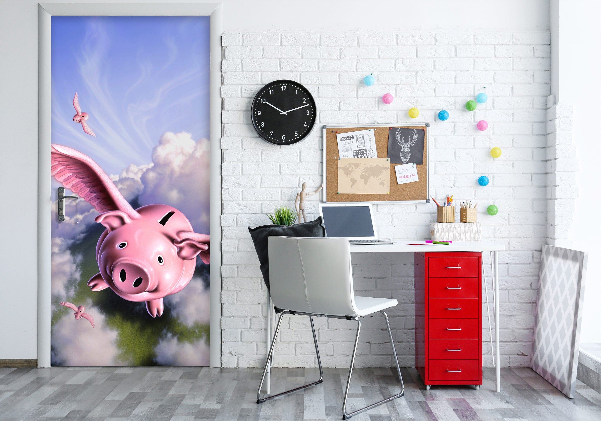 3D Clouds Pink Flying Pig 112146 Jerry LoFaro Door Mural