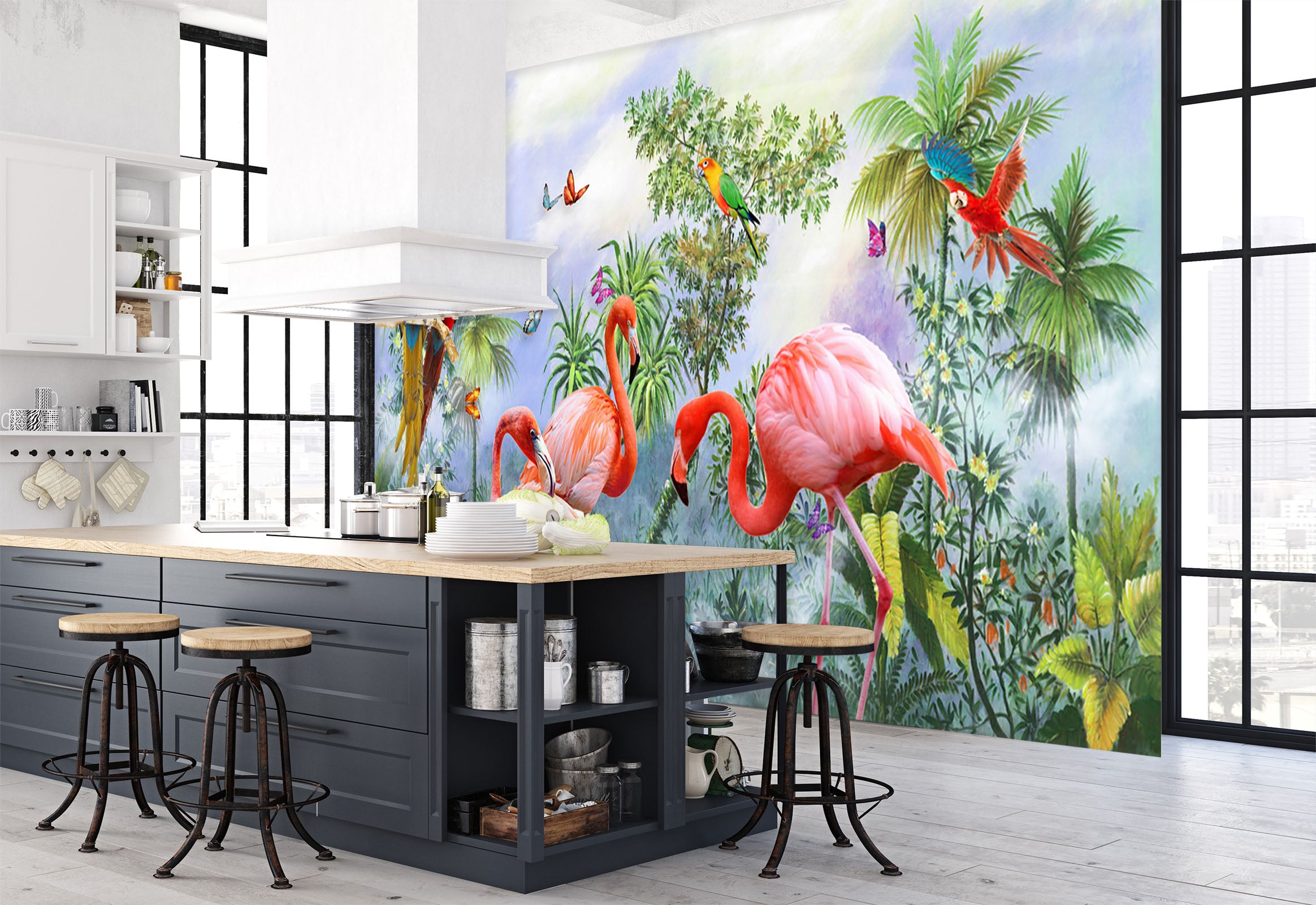 3D Butterfly Flamingo 1549 Wall Murals