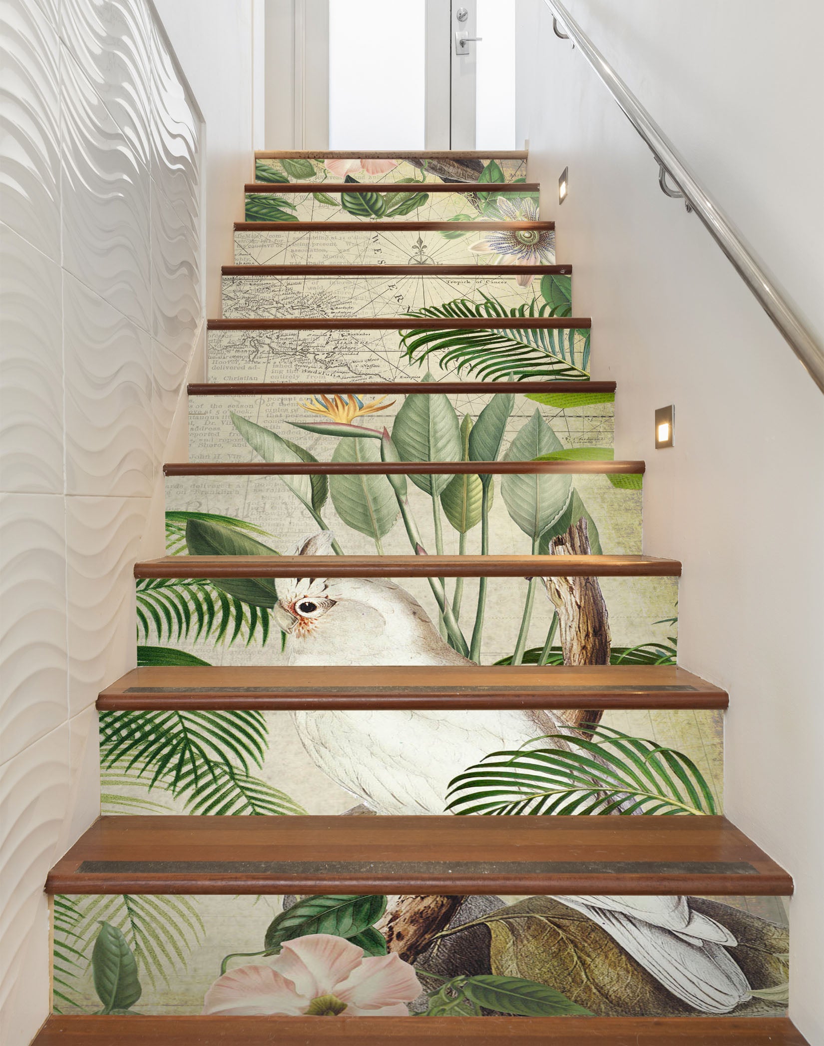 3D White Parrot Leaves 11054 Andrea Haase Stair Risers