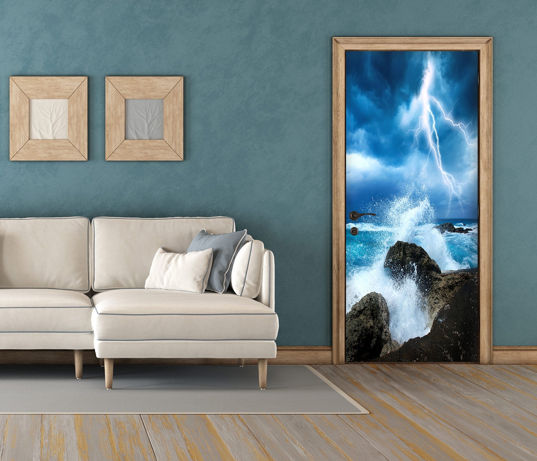 3D Blue Lightning Waves 165 Door Mural