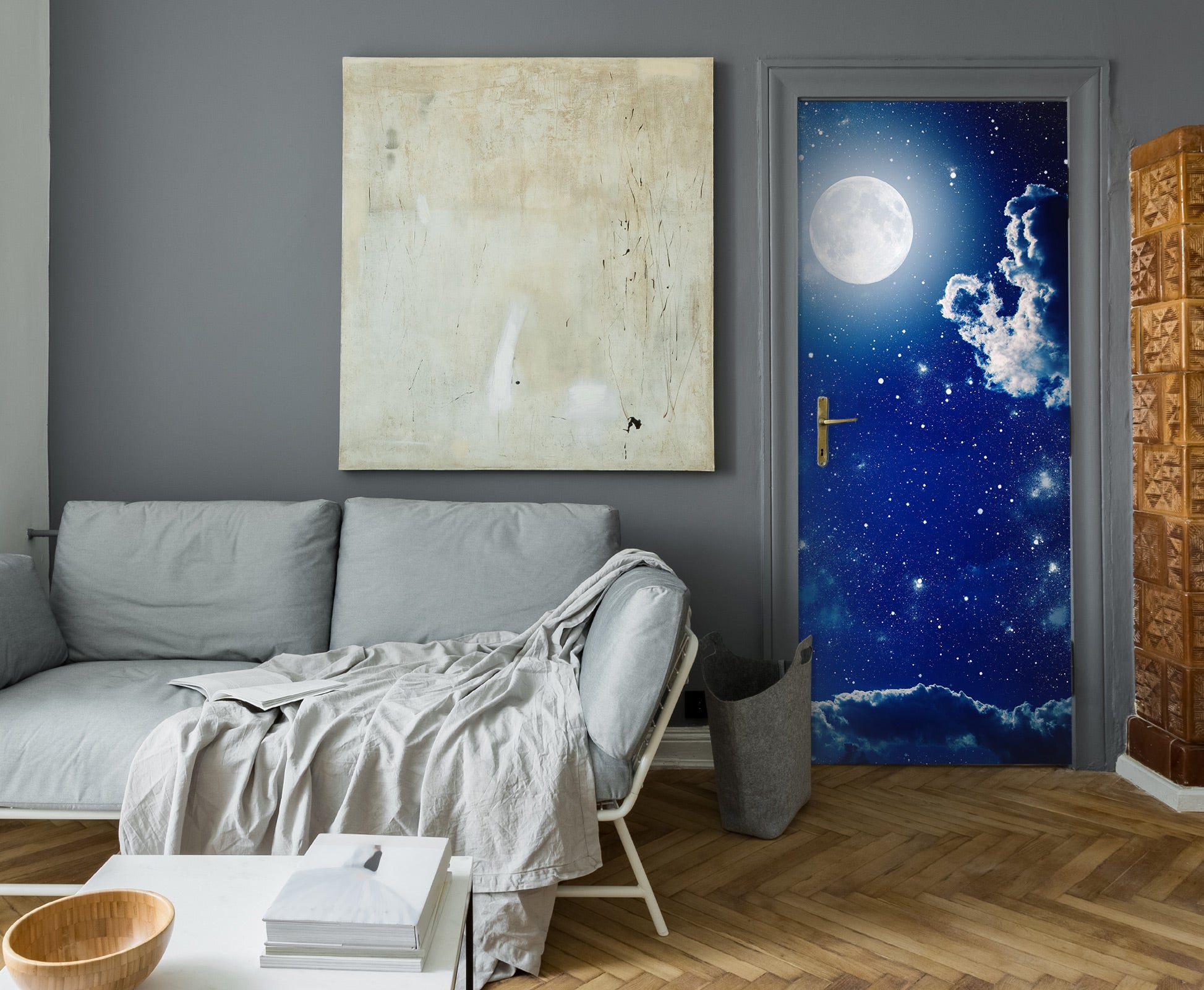 3D Blue Sky Moon 213 Door Mural