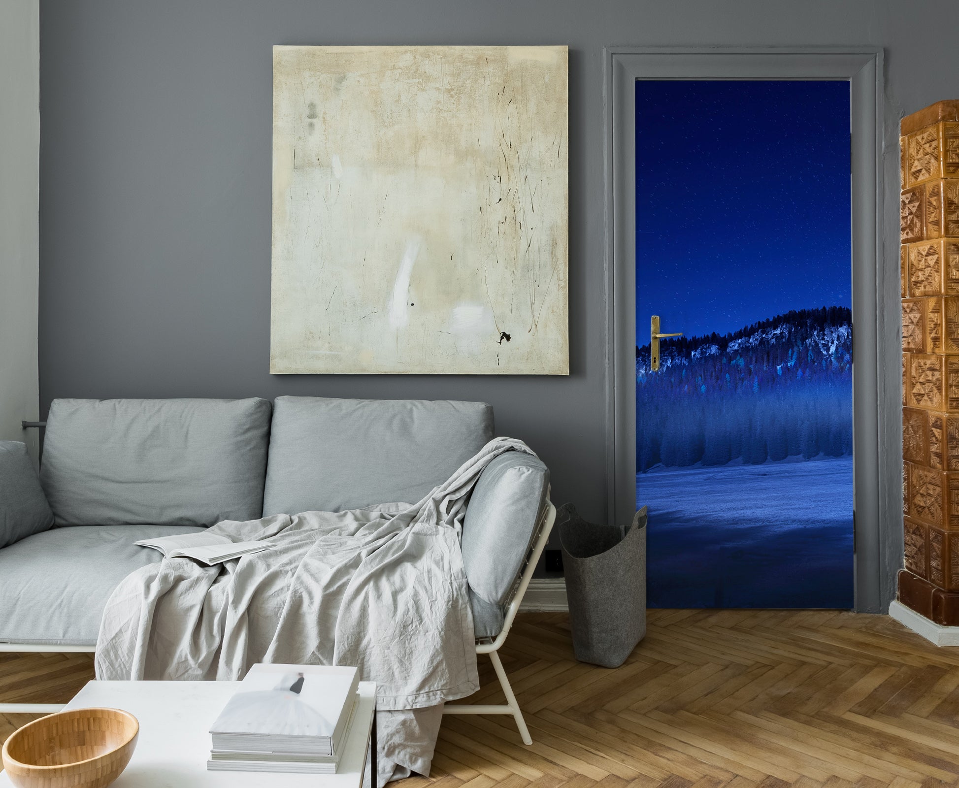 3D Night Blue Woods Mountains 122127 Marco Carmassi Door Mural