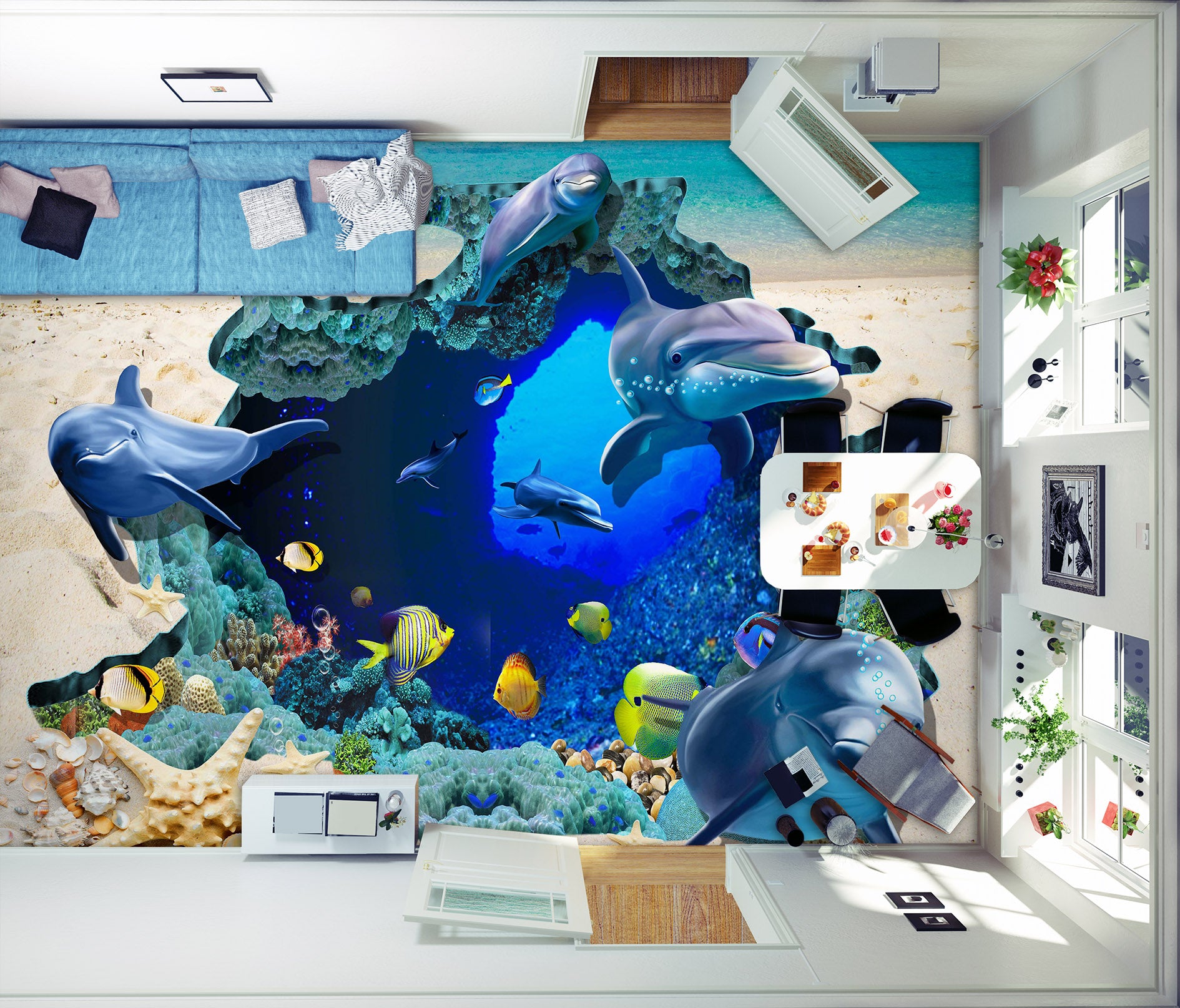 3D Dolphin Happiness 769 Floor Mural  Wallpaper Murals Rug & Mat Print Epoxy waterproof bath floor