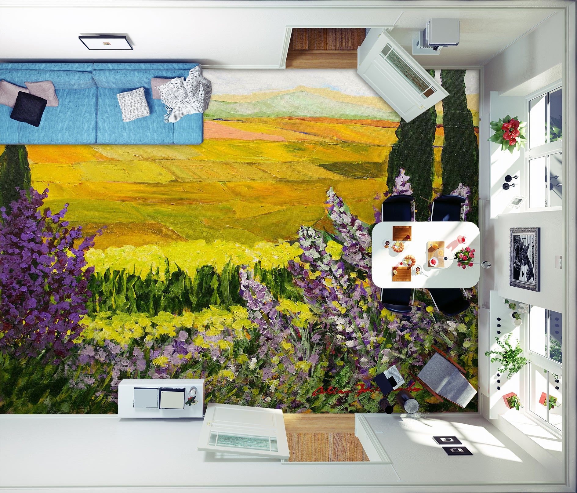3D Flower Bush Yellow Field 9660 Allan P. Friedlander Floor Mural  Wallpaper Murals Self-Adhesive Removable Print Epoxy