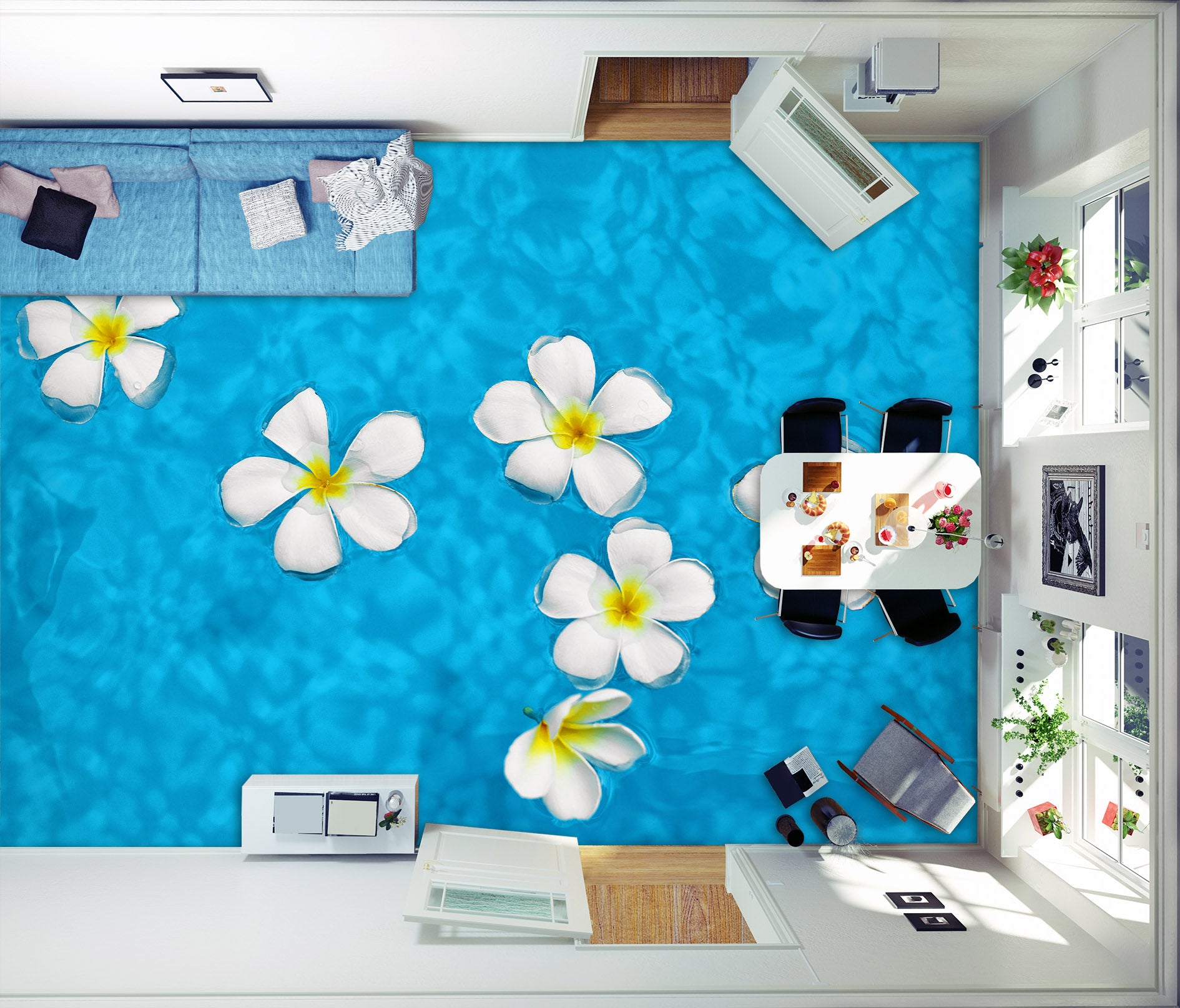 3D White Flowers On Water 055 Floor Mural  Wallpaper Murals Rug & Mat Print Epoxy waterproof bath floor