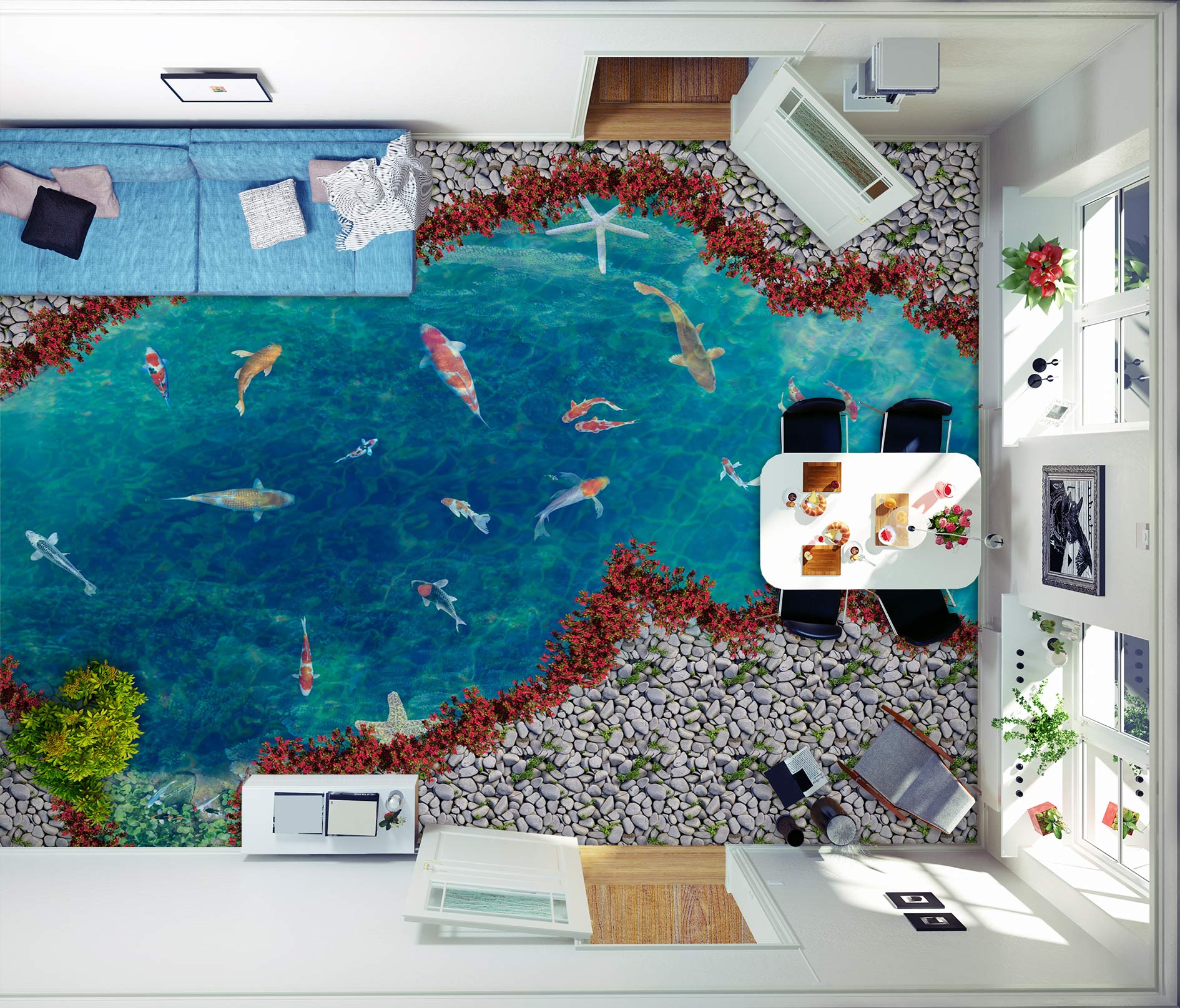 3D Koi In The Blue Pond 128 Floor Mural  Wallpaper Murals Rug & Mat Print Epoxy waterproof bath floor
