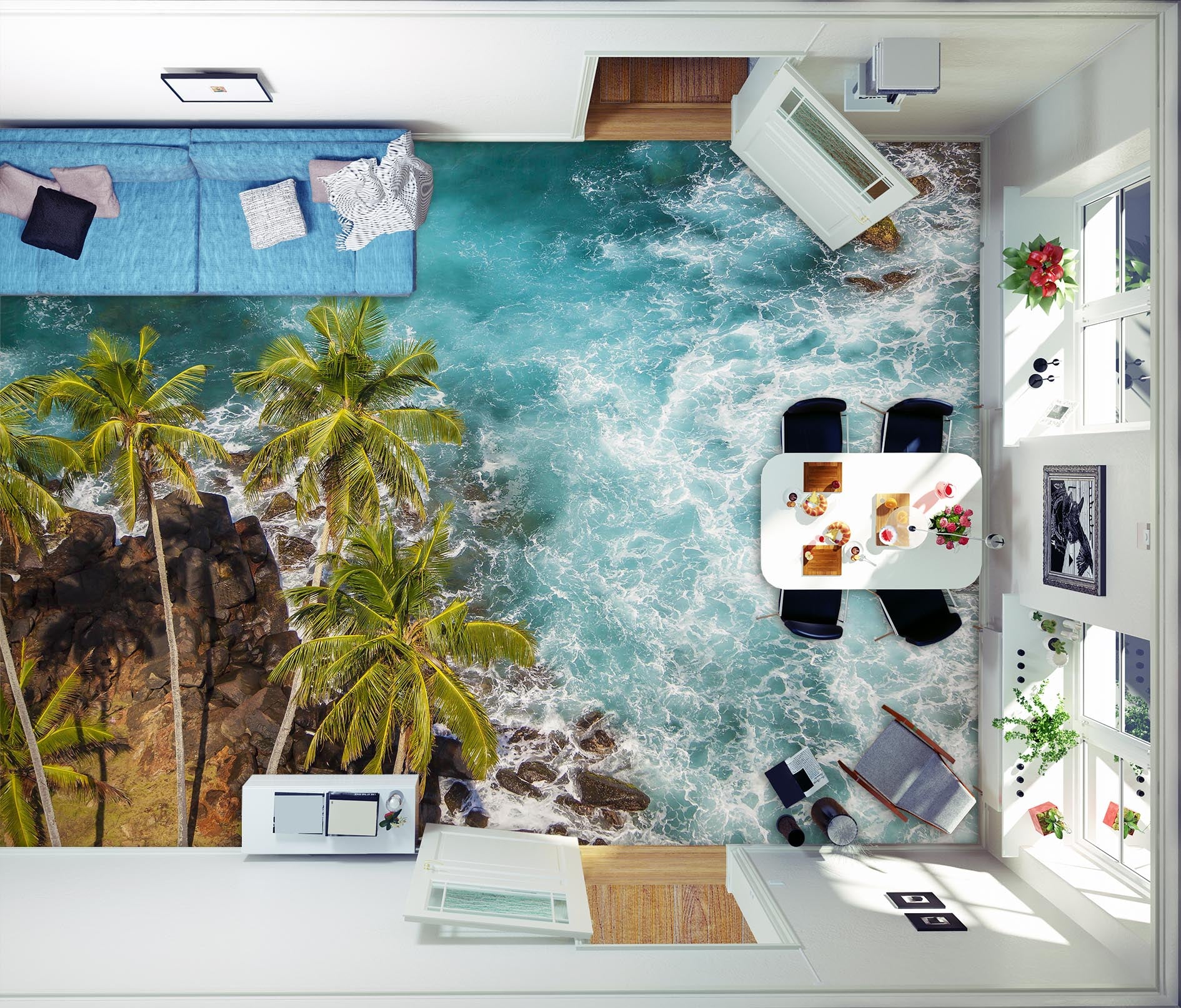 3D Coconut Trees And Sea Waves 533 Floor Mural  Wallpaper Murals Rug & Mat Print Epoxy waterproof bath floor