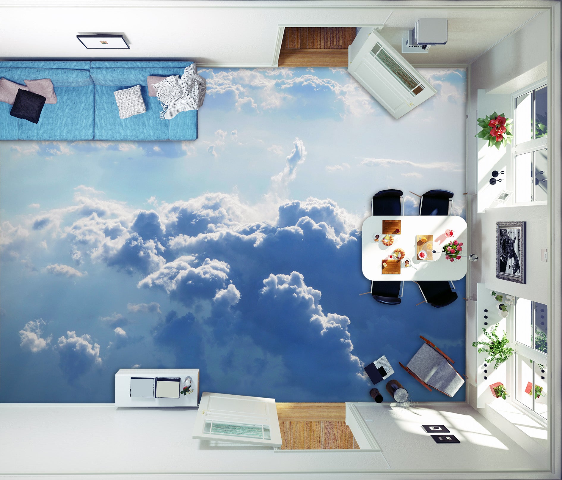 3D Gentle Blue Clouds 521 Floor Mural
