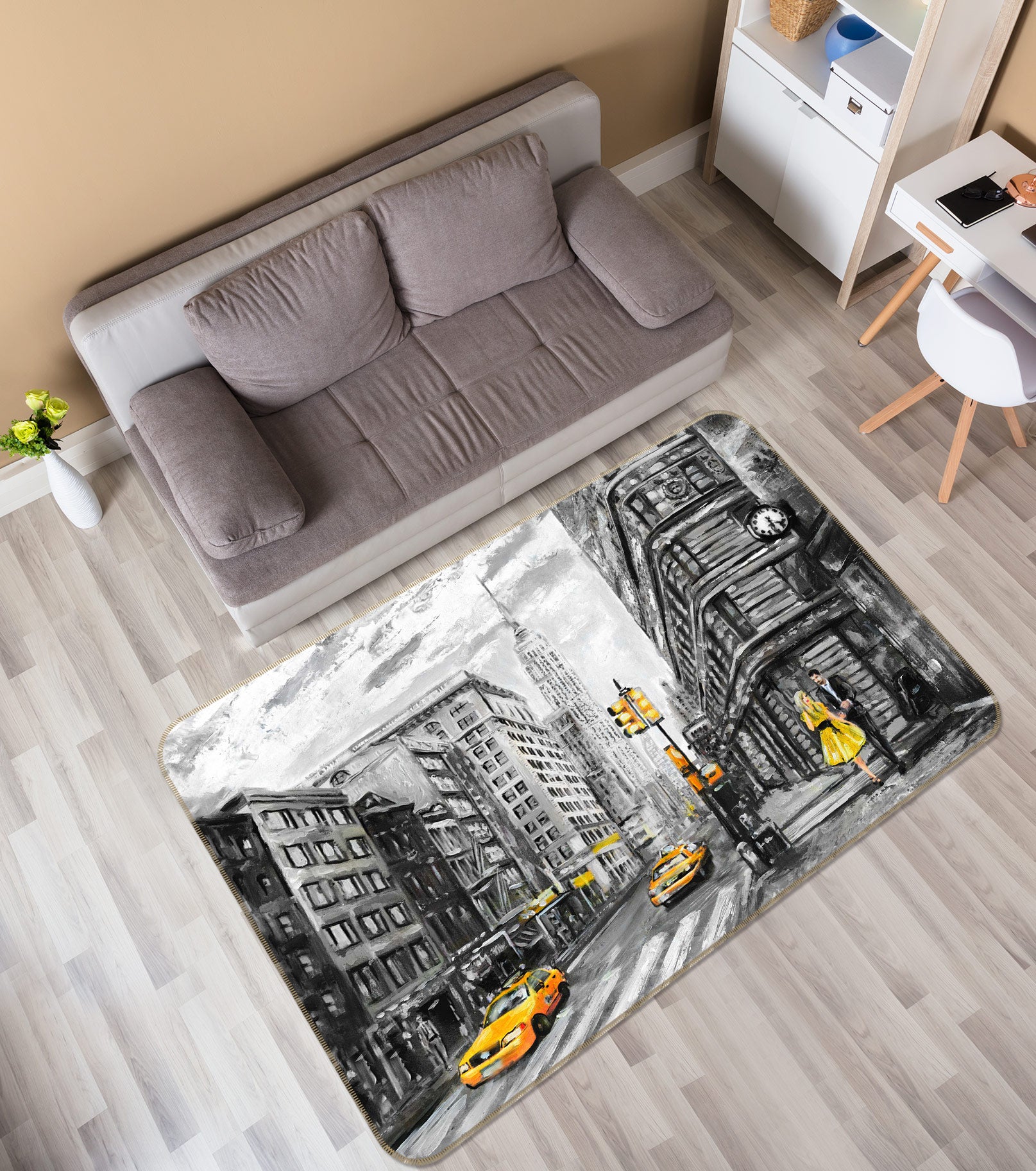 3D Yellow Car Street 1033 Non Slip Rug Mat