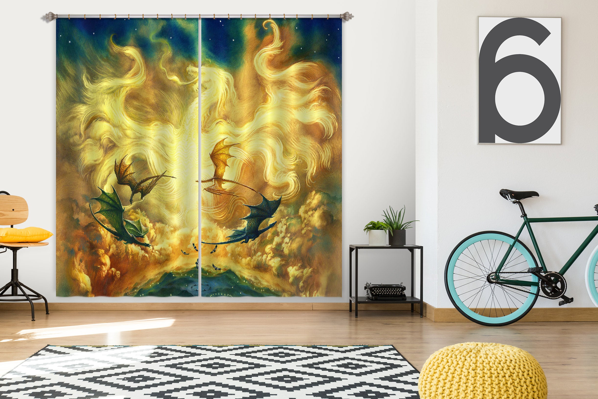 3D Dragon Golden Pattern 8015 Ciruelo Curtain Curtains Drapes