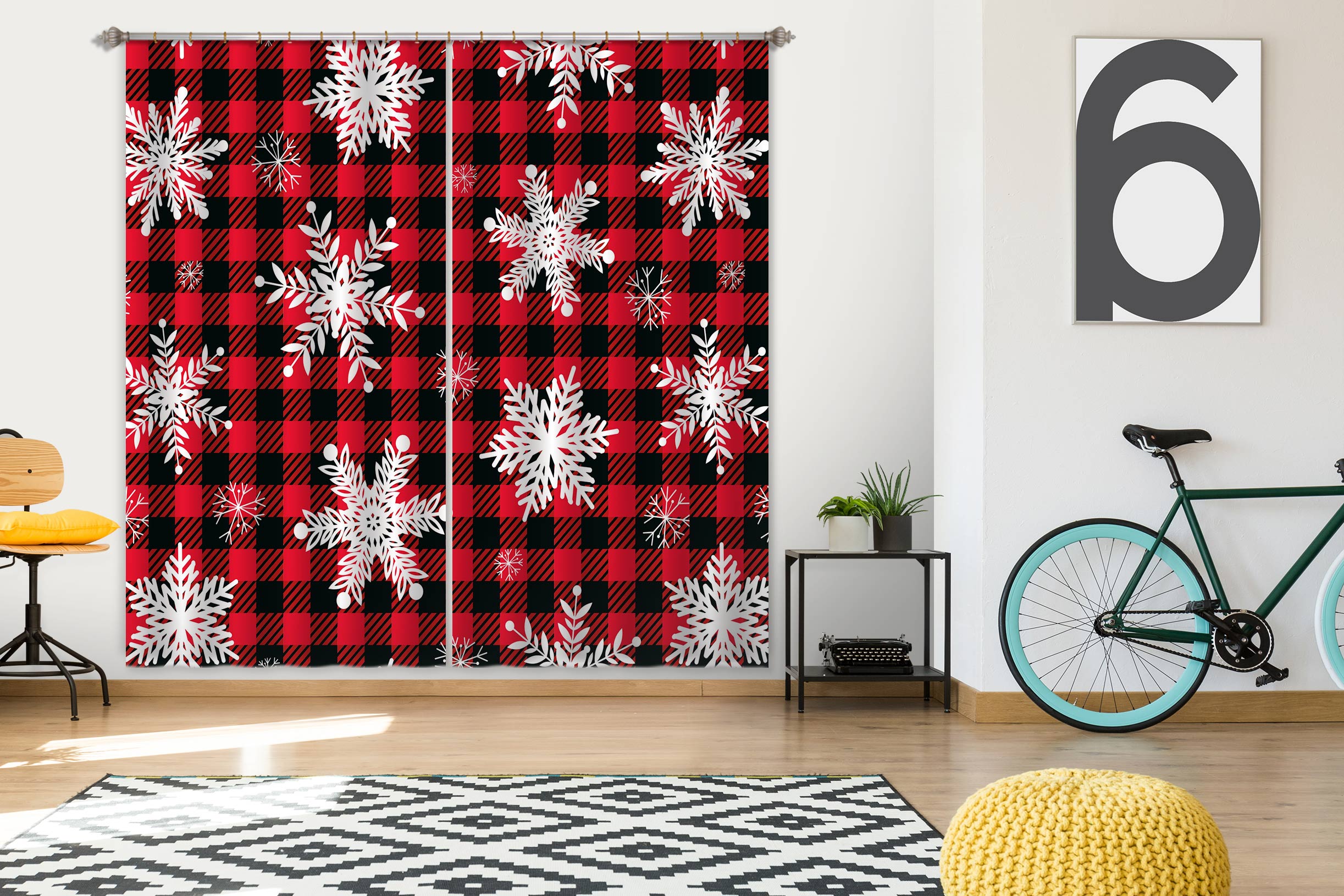 3D Snowflake Black Red Plaid 53136 Christmas Curtains Drapes Xmas
