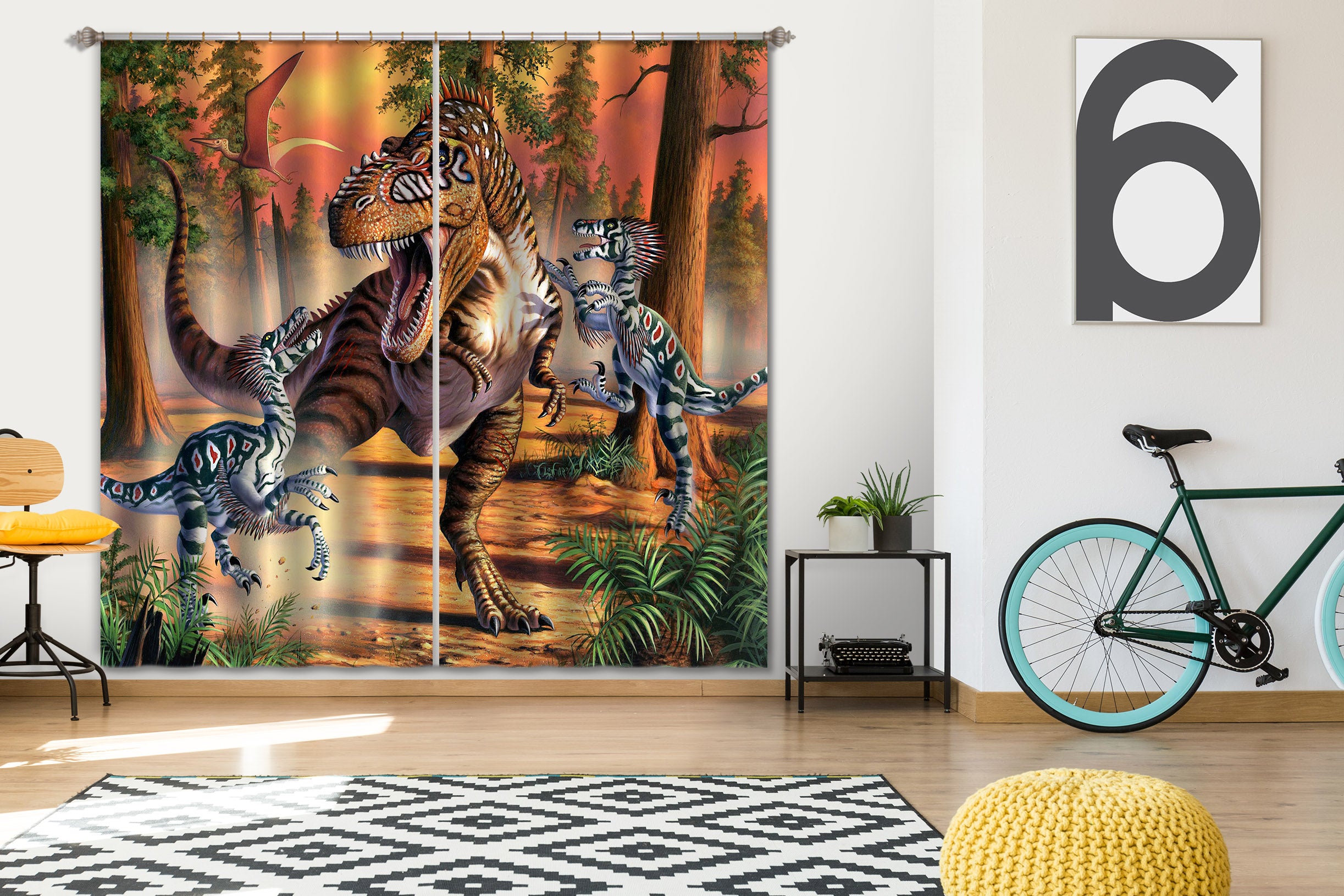 3D Dinosaur Fight 059 Jerry LoFaro Curtain Curtains Drapes